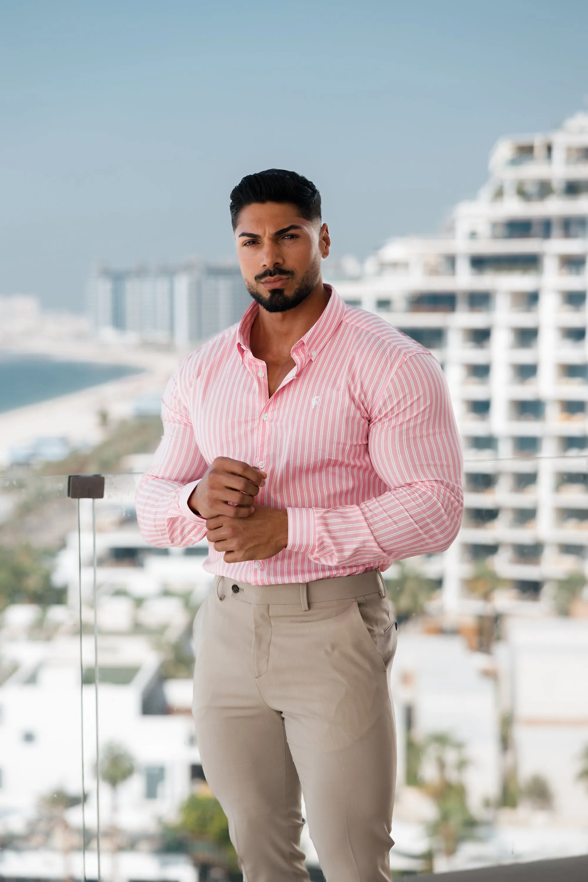 Super Slim Stretch White / Pink Stripe Print Long Sleeve with Button Down Collar - FS888 sold by Father Sons product image thumbnail 5