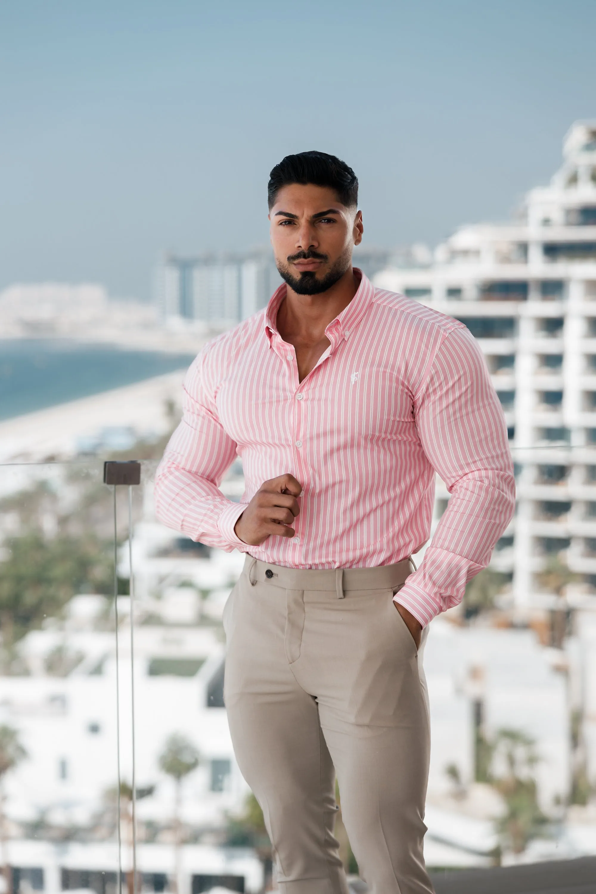 Super Slim Stretch White / Pink Stripe Print Long Sleeve with Button Down Collar - FS888 sold by Father Sons product image thumbnail 4