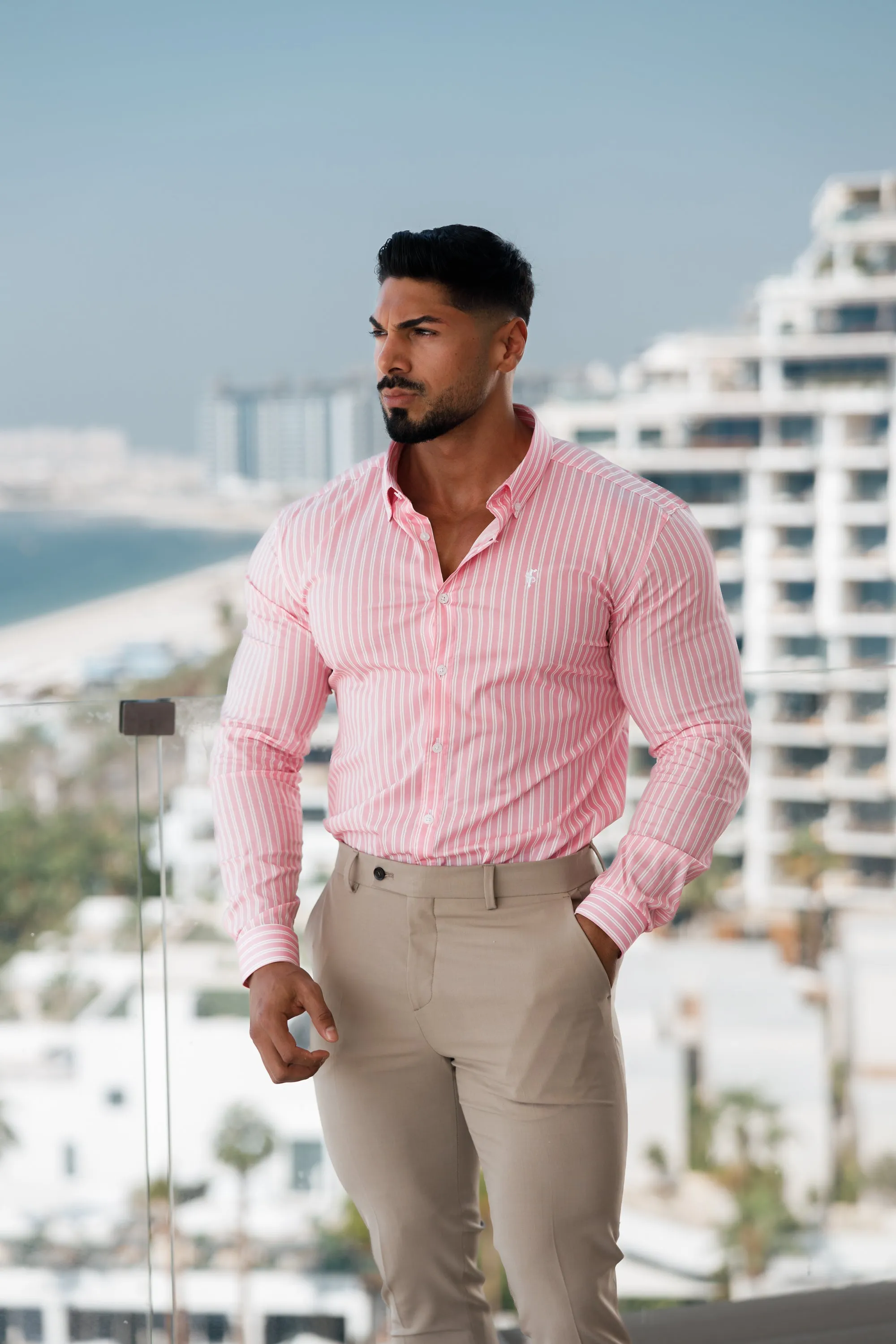 Super Slim Stretch White / Pink Stripe Print Long Sleeve with Button Down Collar - FS888 sold by Father Sons product image thumbnail 2