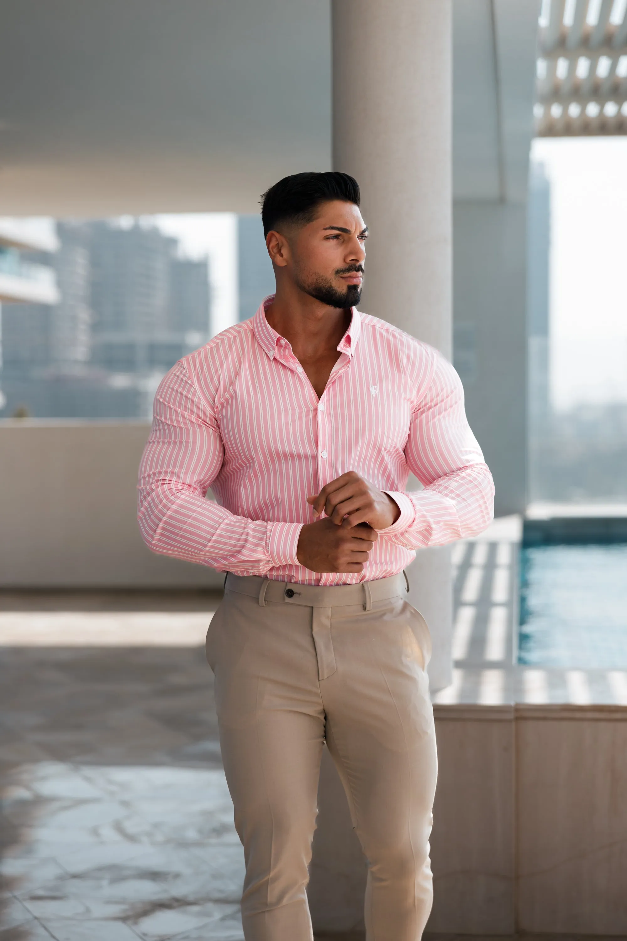 Super Slim Stretch White / Pink Stripe Print Long Sleeve with Button Down Collar - FS888 sold by Father Sons