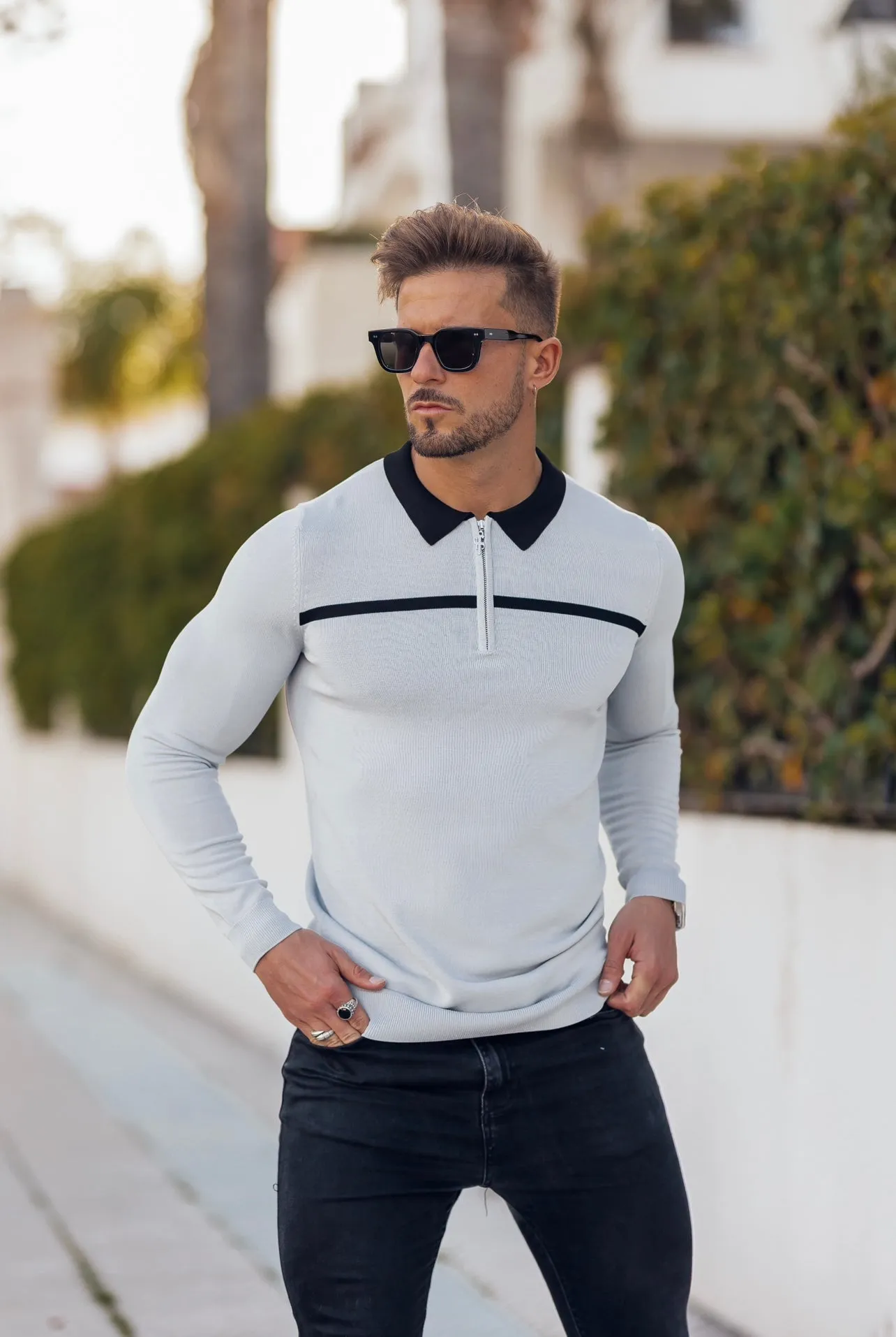 Classic Silver Grey / Black Horizontal Stripe Zipped Polo Long Sleeve - FSN049 sold by Father Sons