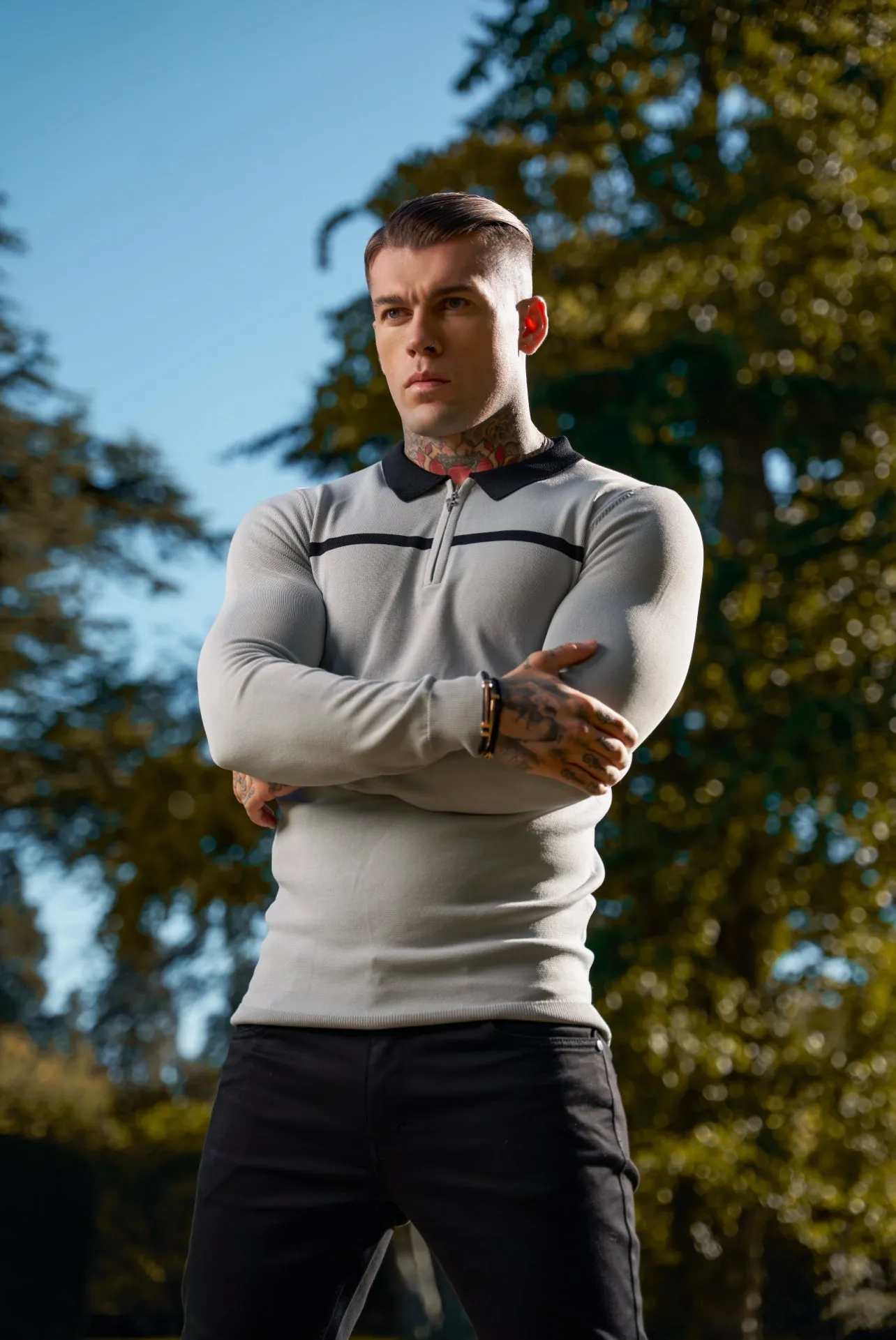 Classic Silver Grey / Black Horizontal Stripe Zipped Polo Long Sleeve - FSN049 sold by Father Sons product image thumbnail 5