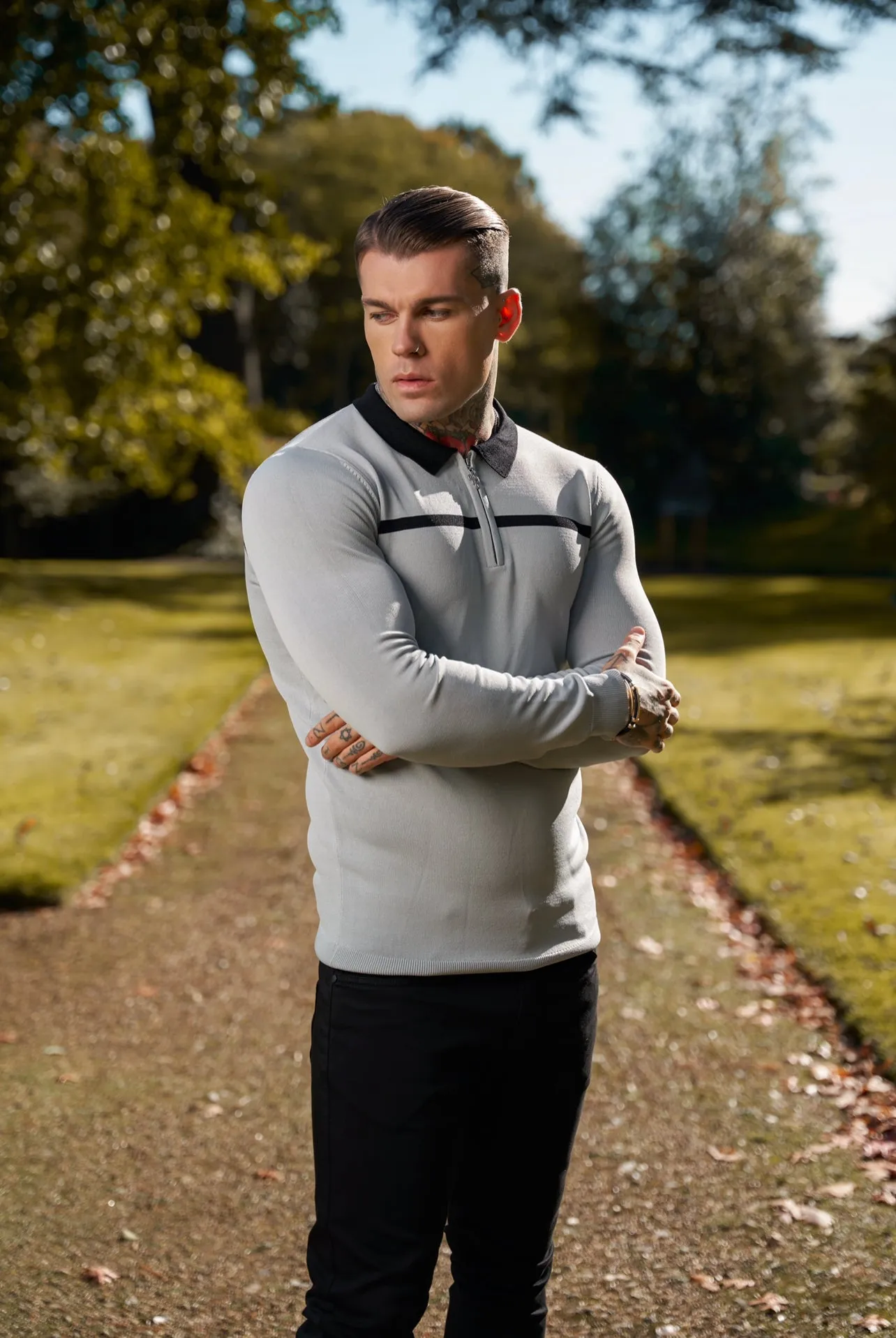 Classic Silver Grey / Black Horizontal Stripe Zipped Polo Long Sleeve - FSN049 sold by Father Sons product image thumbnail 4