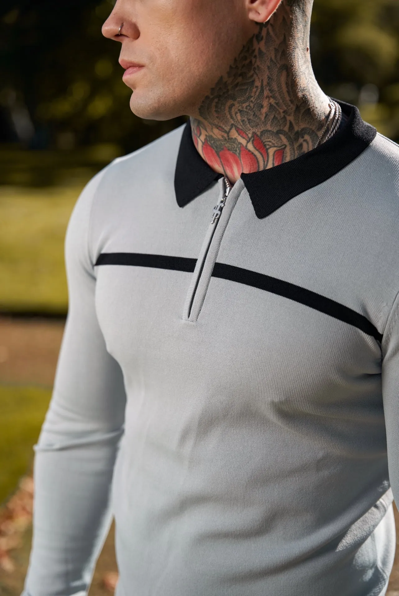 Classic Silver Grey / Black Horizontal Stripe Zipped Polo Long Sleeve - FSN049 sold by Father Sons product image thumbnail 3