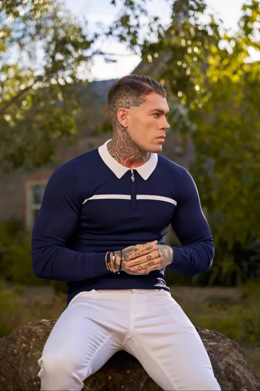 Classic Navy / White Horizontal Stripe Zipped Polo Long Sleeve - FSN048 sold by Father Sons