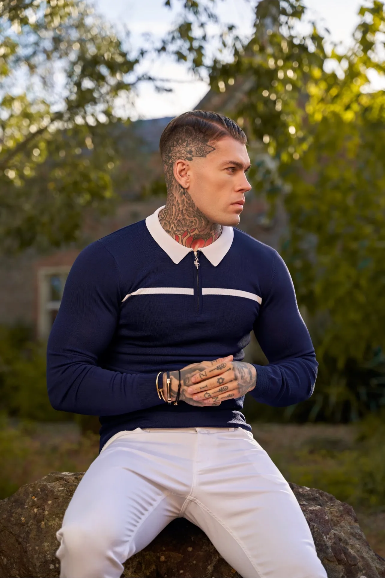 Classic Navy / White Horizontal Stripe Zipped Polo Long Sleeve - FSN048 sold by Father Sons