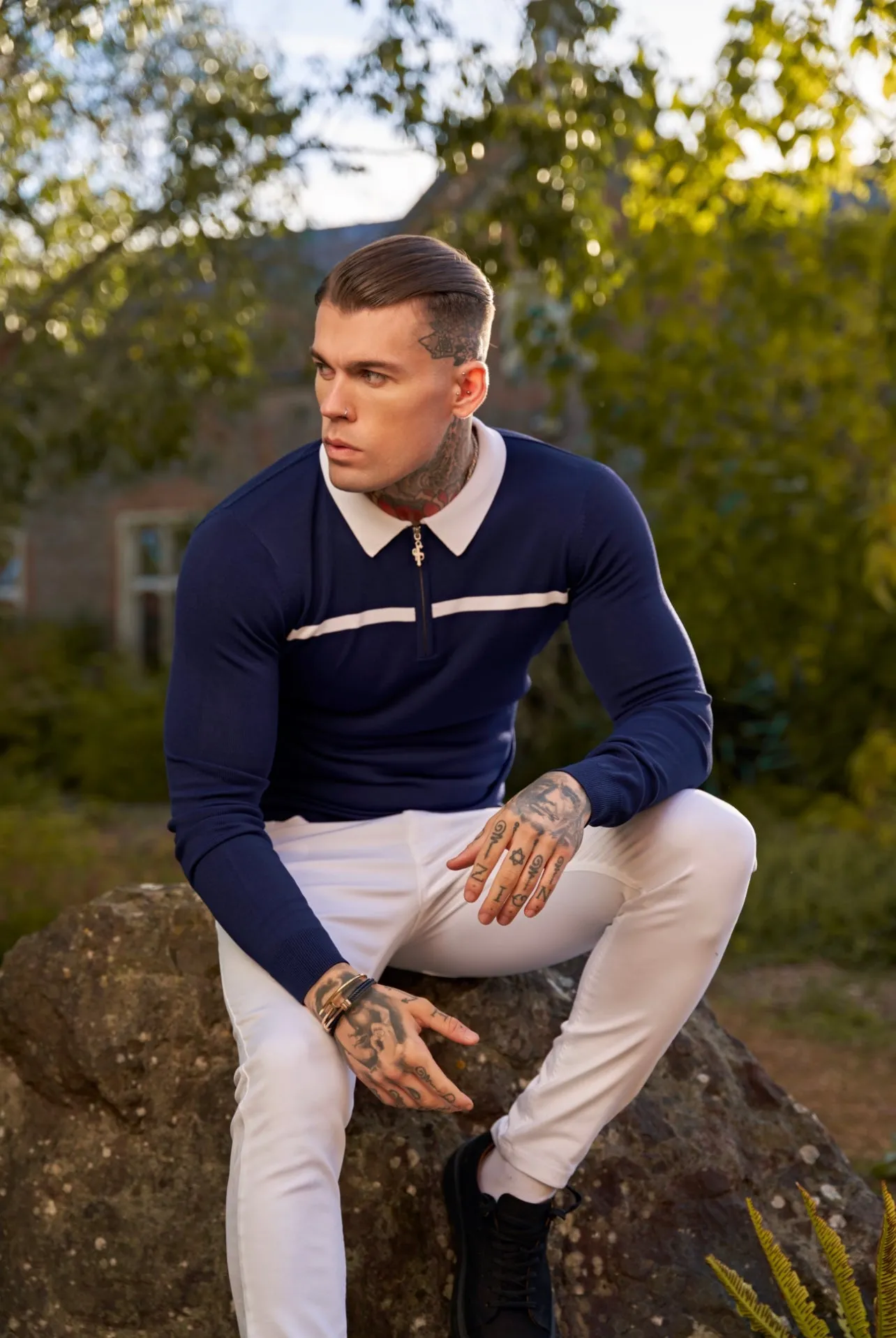 Classic Navy / White Horizontal Stripe Zipped Polo Long Sleeve - FSN048 sold by Father Sons product image thumbnail 5