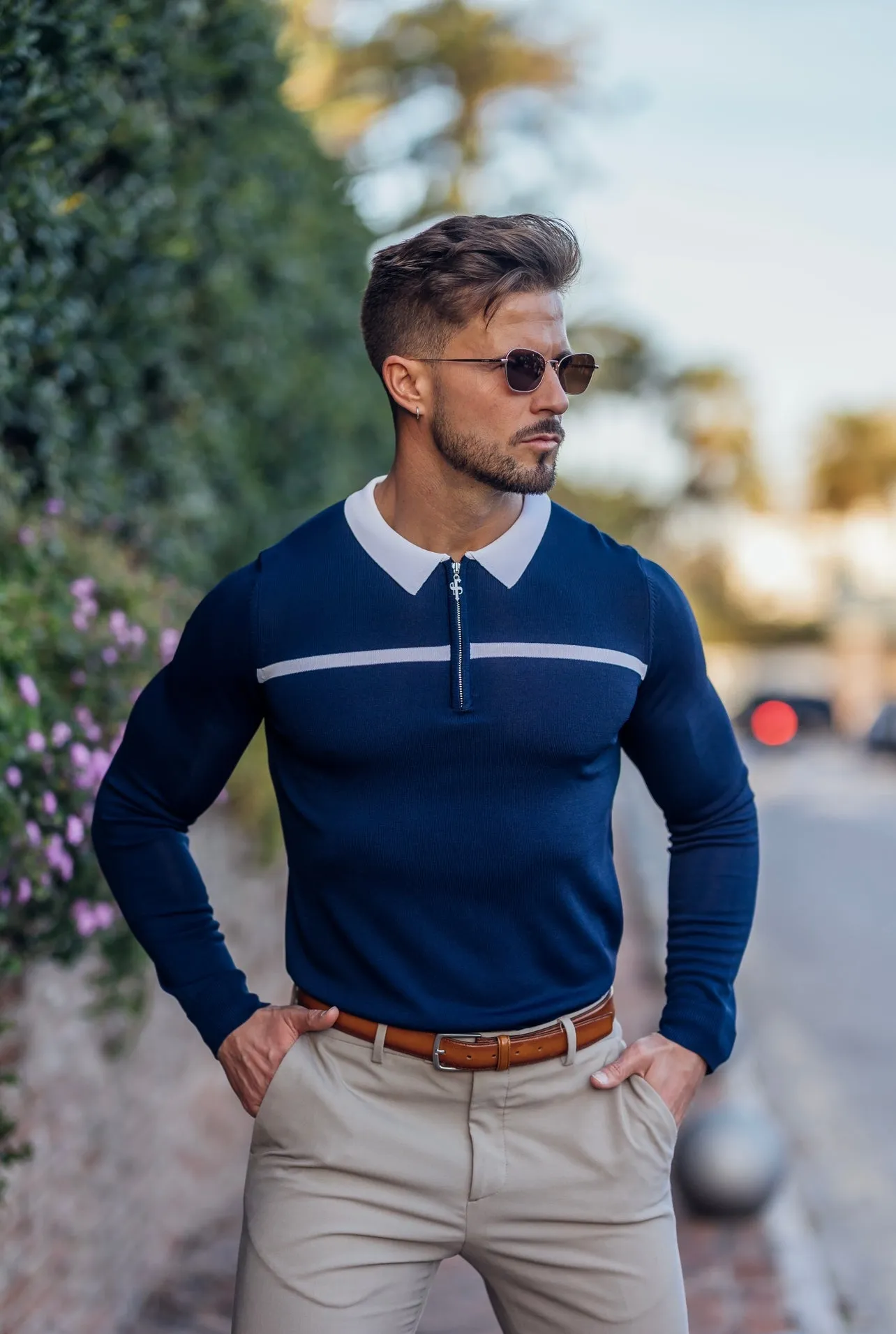Classic Navy / White Horizontal Stripe Zipped Polo Long Sleeve - FSN048 sold by Father Sons product image thumbnail 3