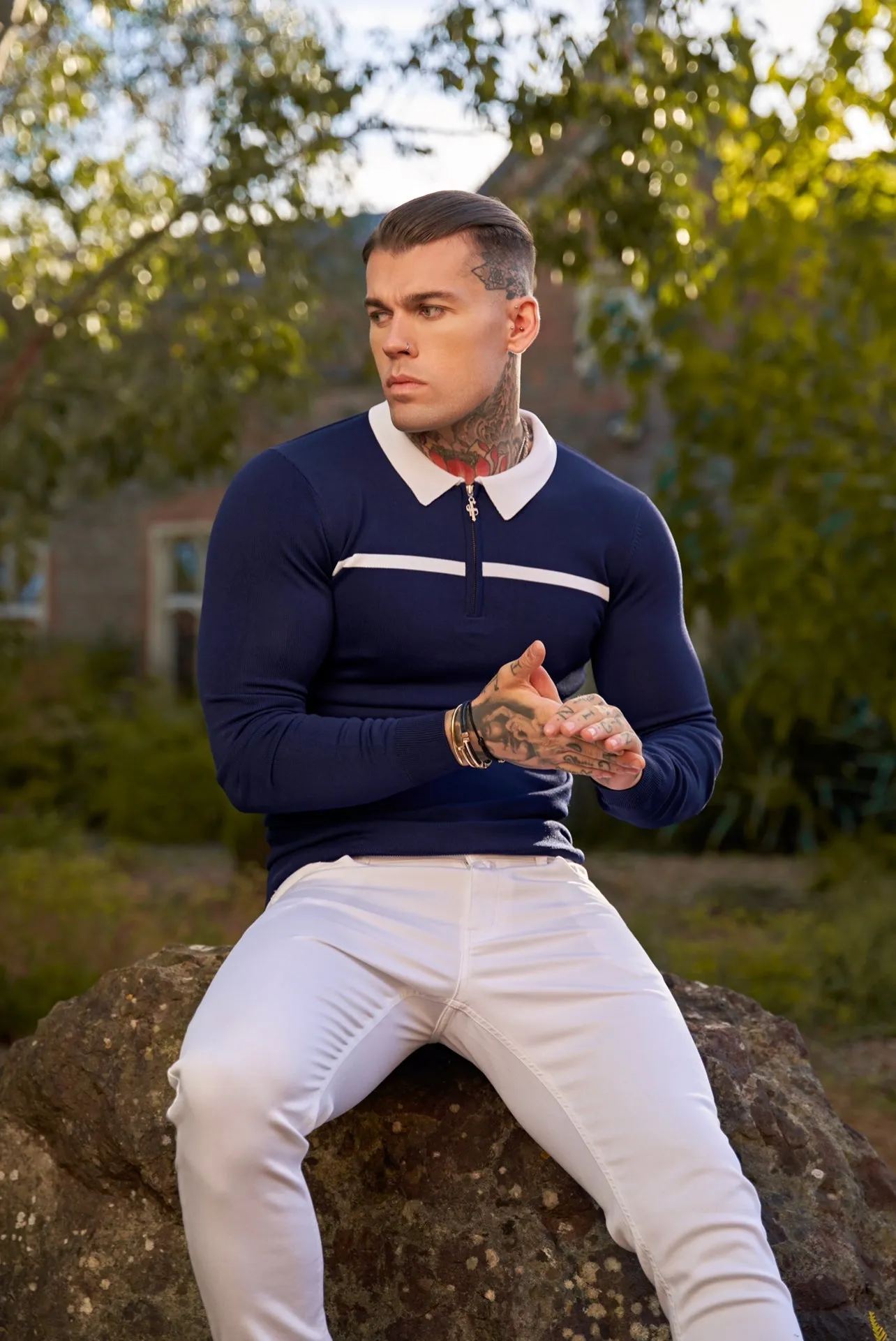 Classic Navy / White Horizontal Stripe Zipped Polo Long Sleeve - FSN048 sold by Father Sons product image thumbnail 2