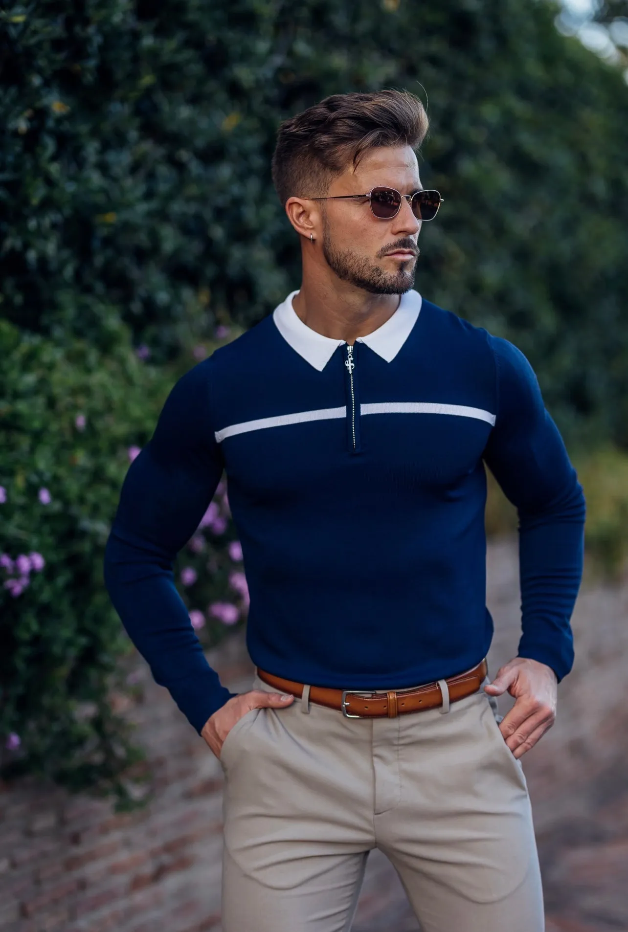Classic Navy / White Horizontal Stripe Zipped Polo Long Sleeve - FSN048 sold by Father Sons product image thumbnail 4