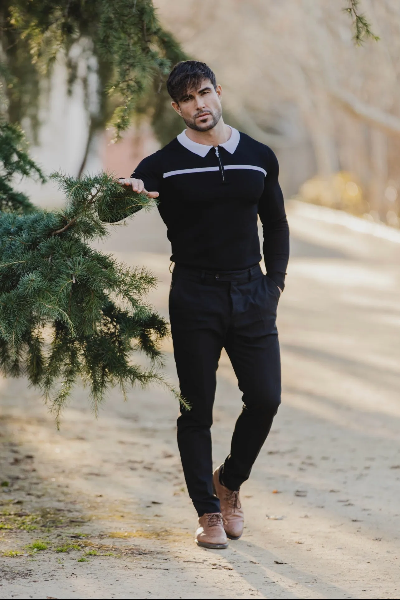 Classic Black / White Horizontal Stripe Zipped Polo Long Sleeve - FSN047 sold by Father Sons product image thumbnail 5