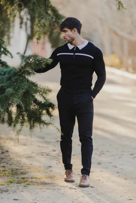 Classic Black / White Horizontal Stripe Zipped Polo Long Sleeve - FSN047 made by Father Sons