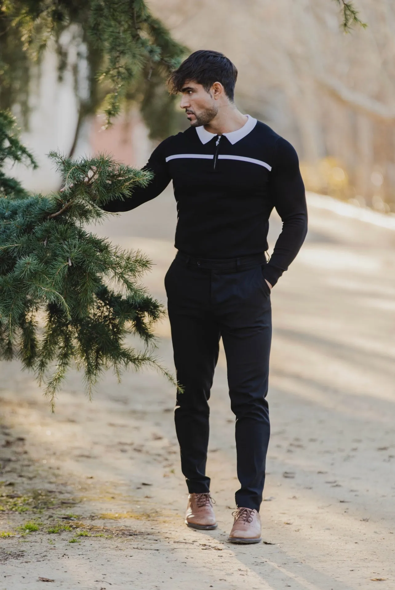 Classic Black / White Horizontal Stripe Zipped Polo Long Sleeve - FSN047 sold by Father Sons