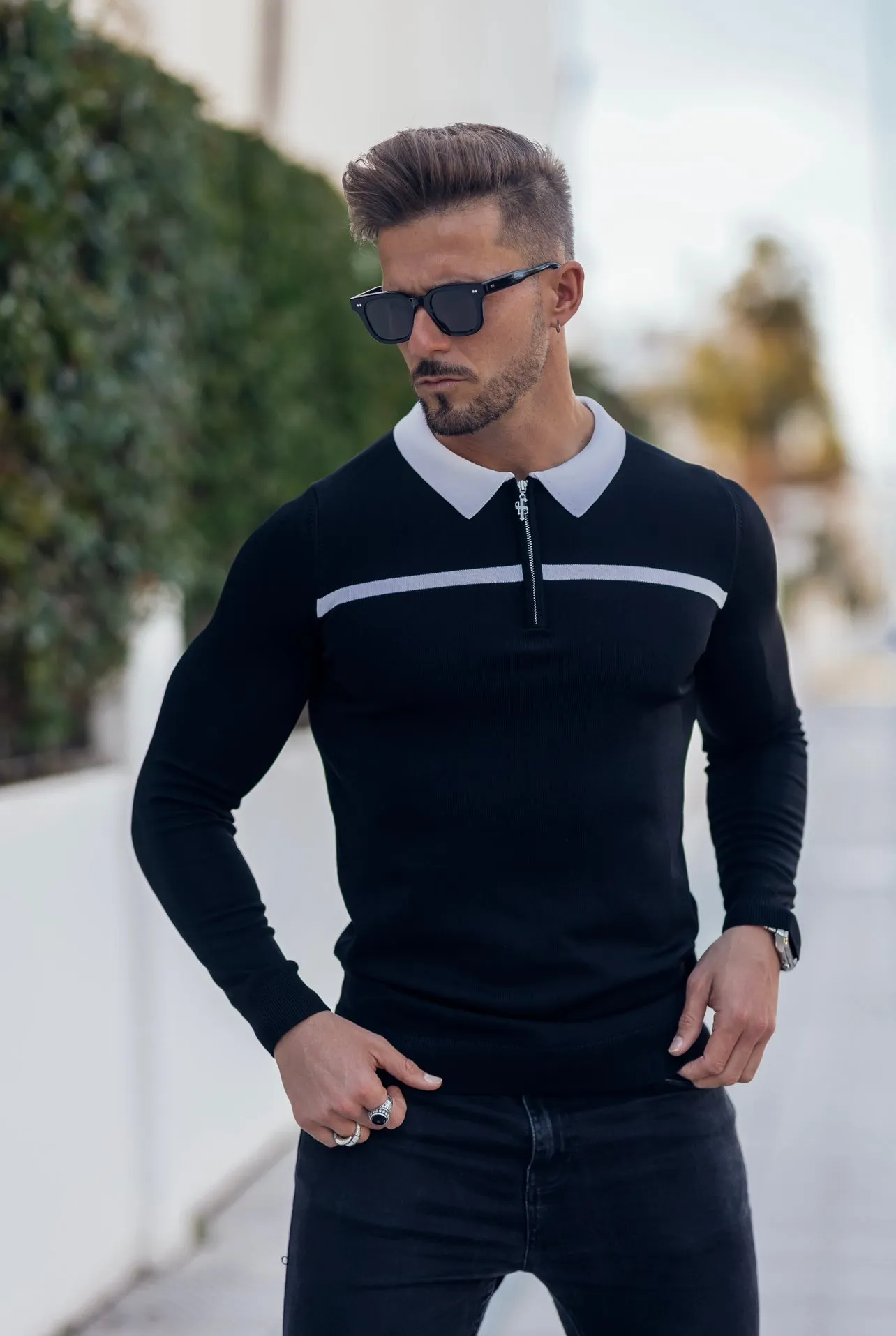 Classic Black / White Horizontal Stripe Zipped Polo Long Sleeve - FSN047 sold by Father Sons product image thumbnail 2