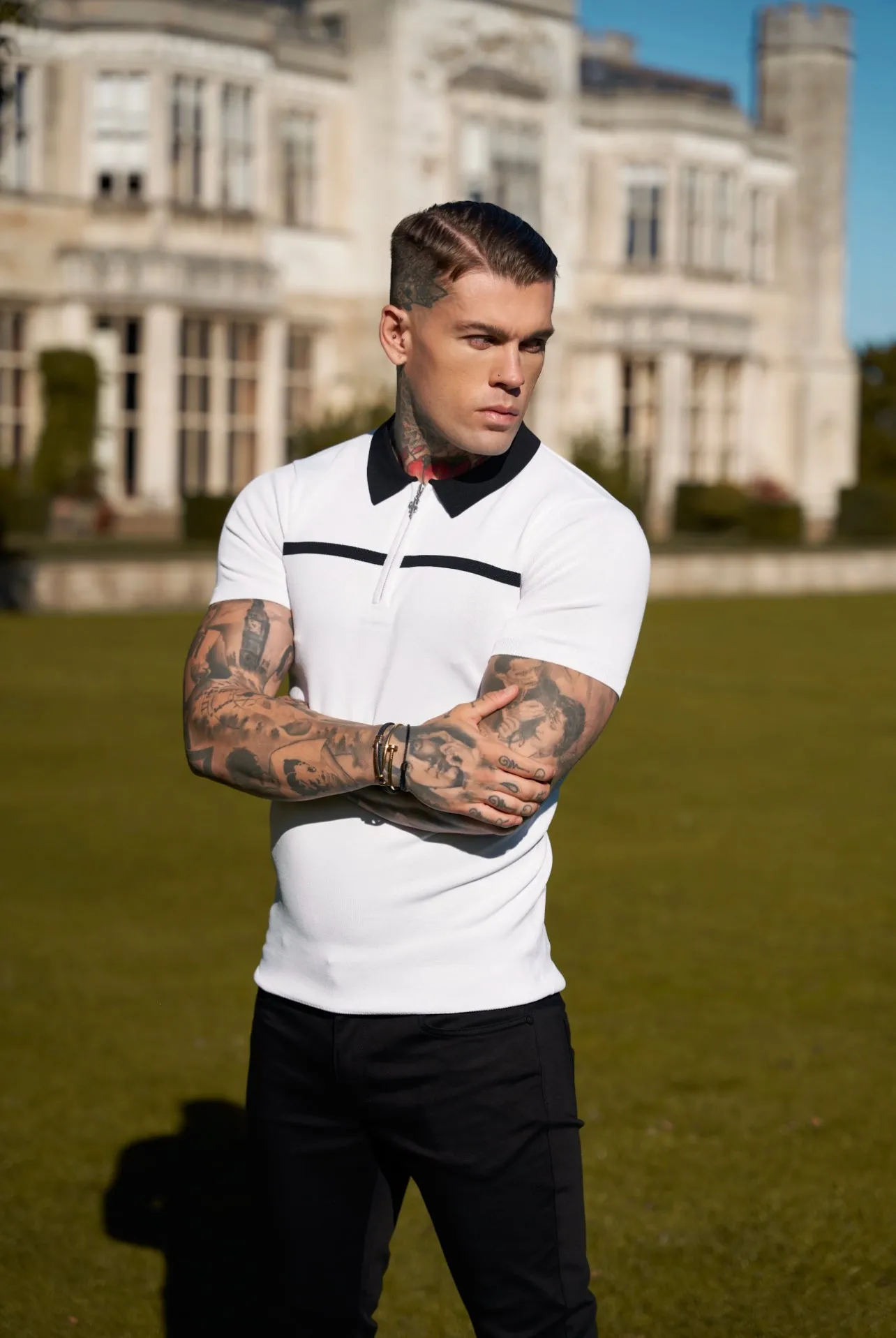 Classic White / Black Horizontal Stripe Zipped Polo Short Sleeve - FSN043 sold by Father Sons product image thumbnail 4