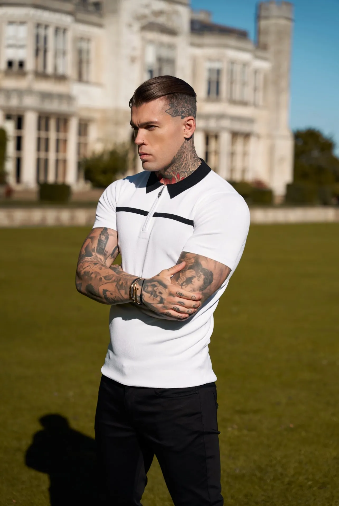 Classic White / Black Horizontal Stripe Zipped Polo Short Sleeve - FSN043 sold by Father Sons product image thumbnail 5