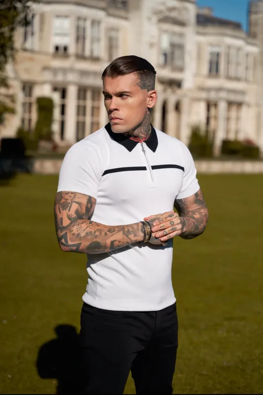 Classic White / Black Horizontal Stripe Zipped Polo Short Sleeve - FSN043 made by Father Sons