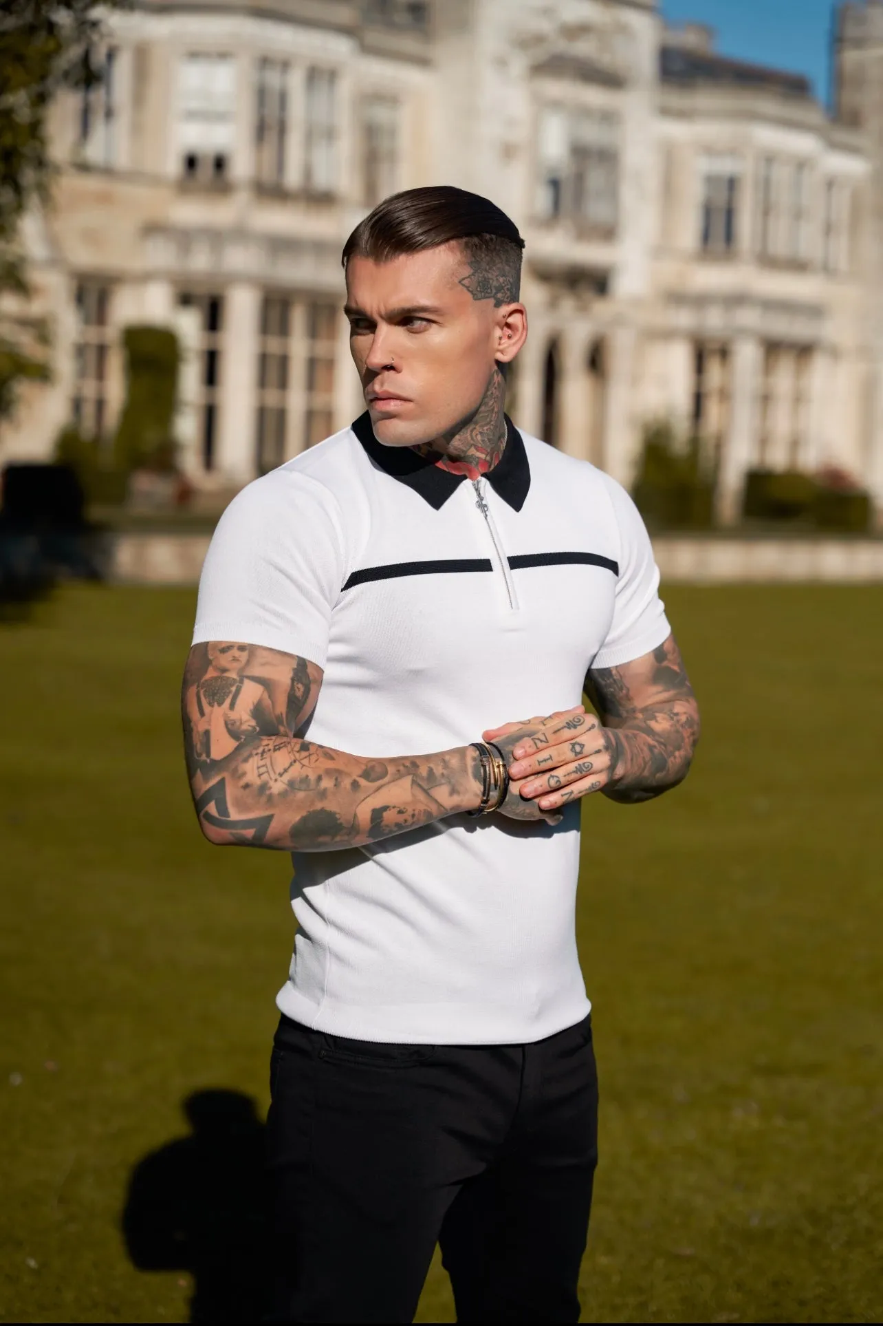 Classic White / Black Horizontal Stripe Zipped Polo Short Sleeve - FSN043 sold by Father Sons
