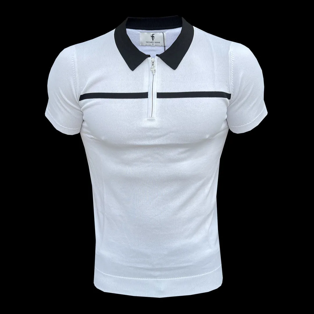 Classic White / Black Horizontal Stripe Zipped Polo Short Sleeve - FSN043 sold by Father Sons product image thumbnail 2