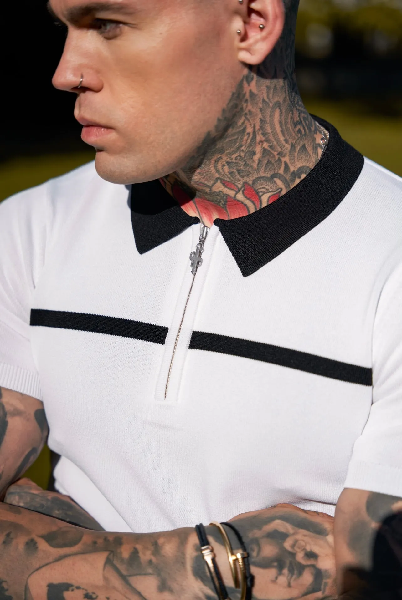 Classic White / Black Horizontal Stripe Zipped Polo Short Sleeve - FSN043 sold by Father Sons product image thumbnail 3