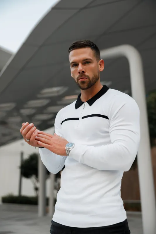 Father Sons Classic White / Black Horizontal Stripe Zipped Polo Long Sleeve - FSN050 sold by Father Sons