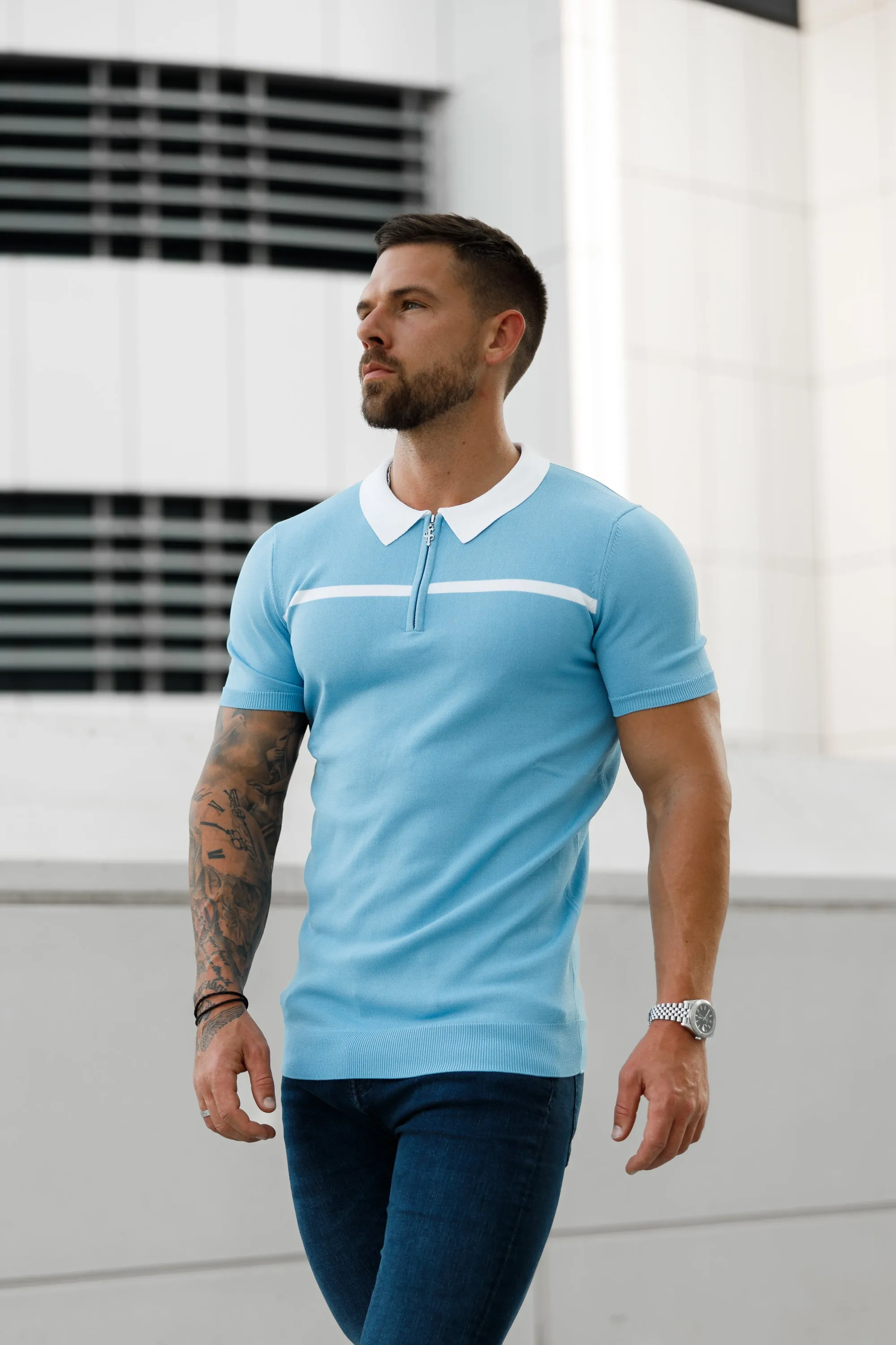 Classic Sky Blue / White Horizontal Stripe Zipped Polo Short Sleeve - FSN058 sold by Father Sons product image thumbnail 4