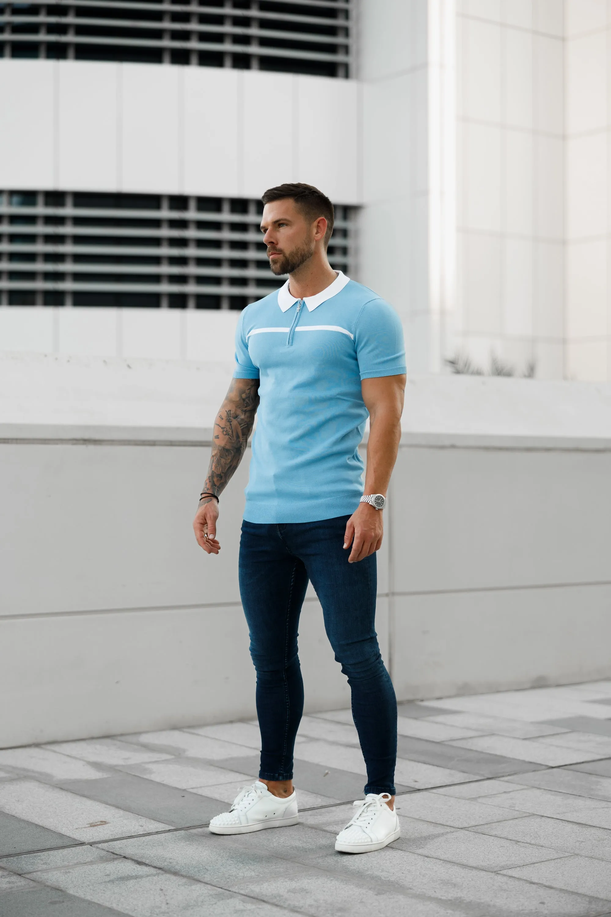 Classic Sky Blue / White Horizontal Stripe Zipped Polo Short Sleeve - FSN058 sold by Father Sons product image thumbnail 5