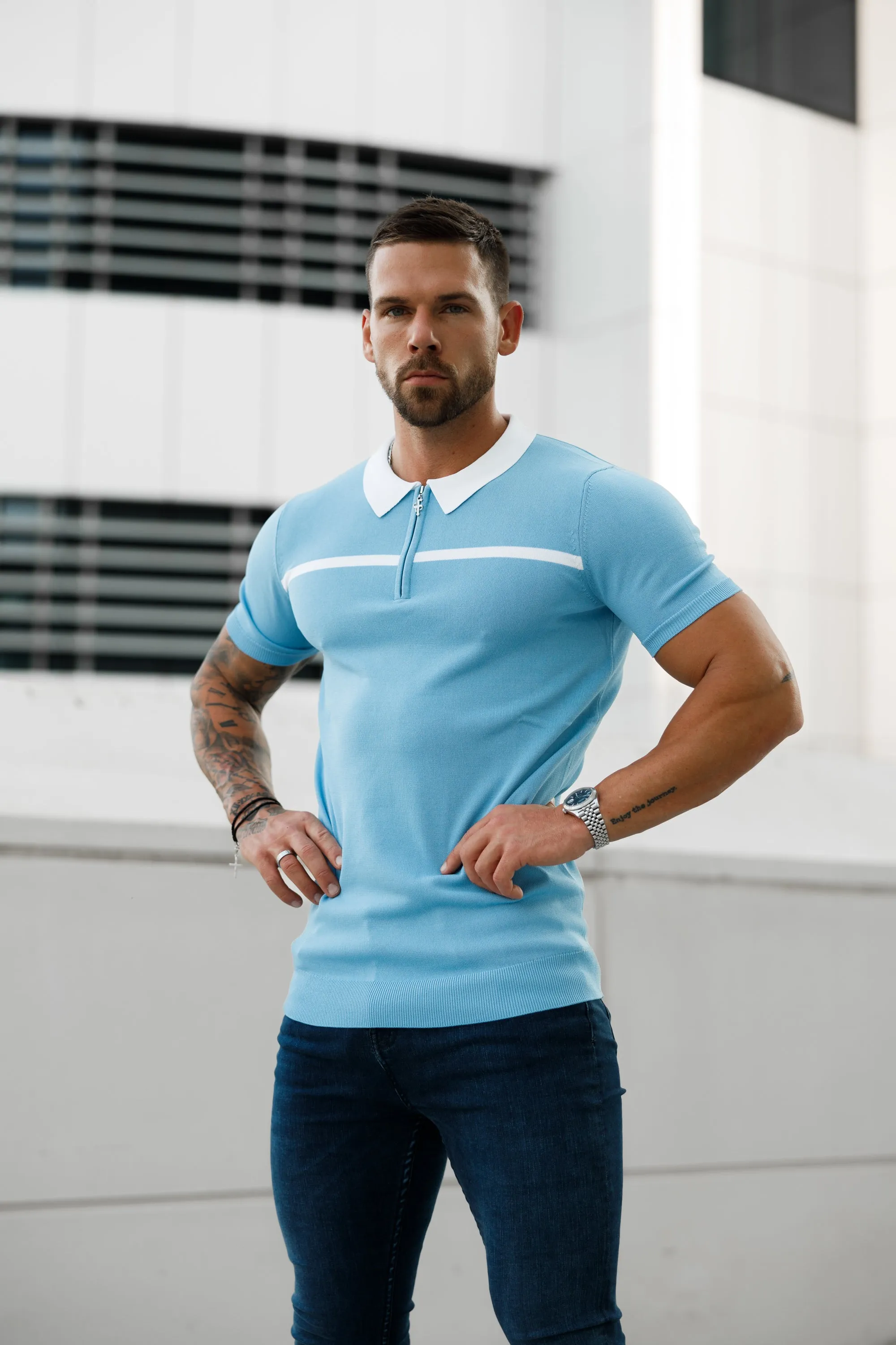 Classic Sky Blue / White Horizontal Stripe Zipped Polo Short Sleeve - FSN058 sold by Father Sons
