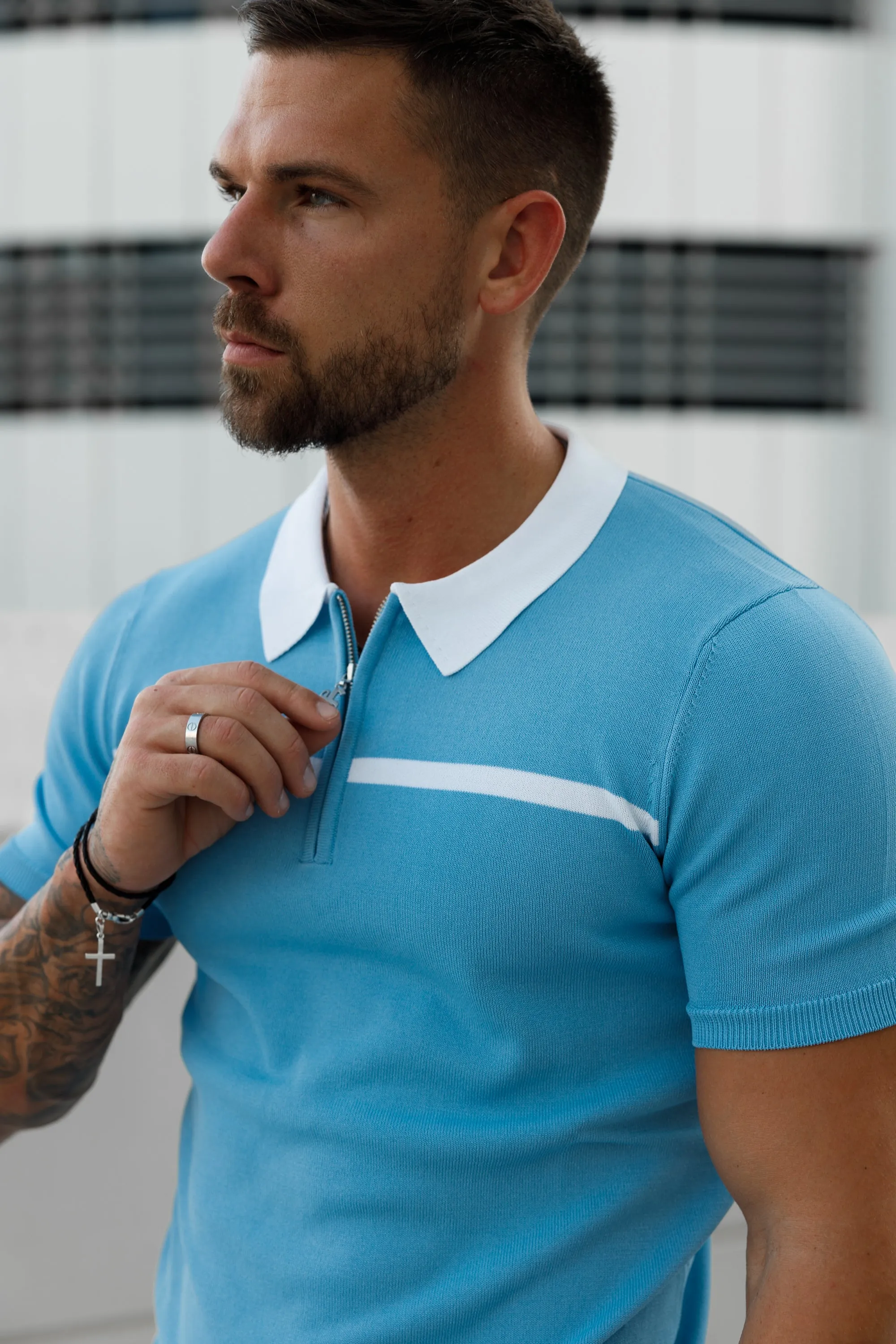 Classic Sky Blue / White Horizontal Stripe Zipped Polo Short Sleeve - FSN058 sold by Father Sons product image thumbnail 3