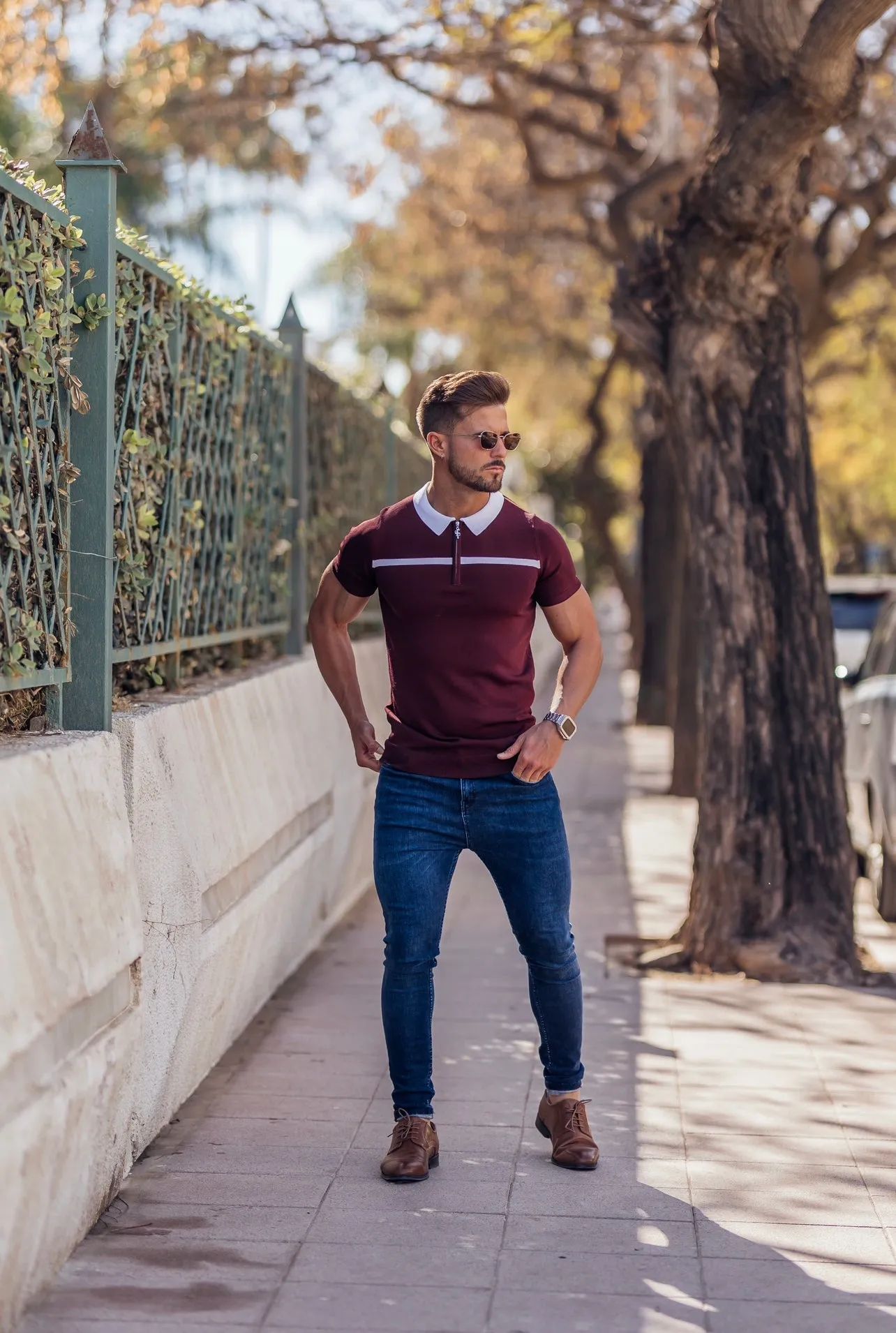 Classic Burgundy / White Horizontal Stripe Zipped Polo Short Sleeve - FSN045 sold by Father Sons product image thumbnail 5