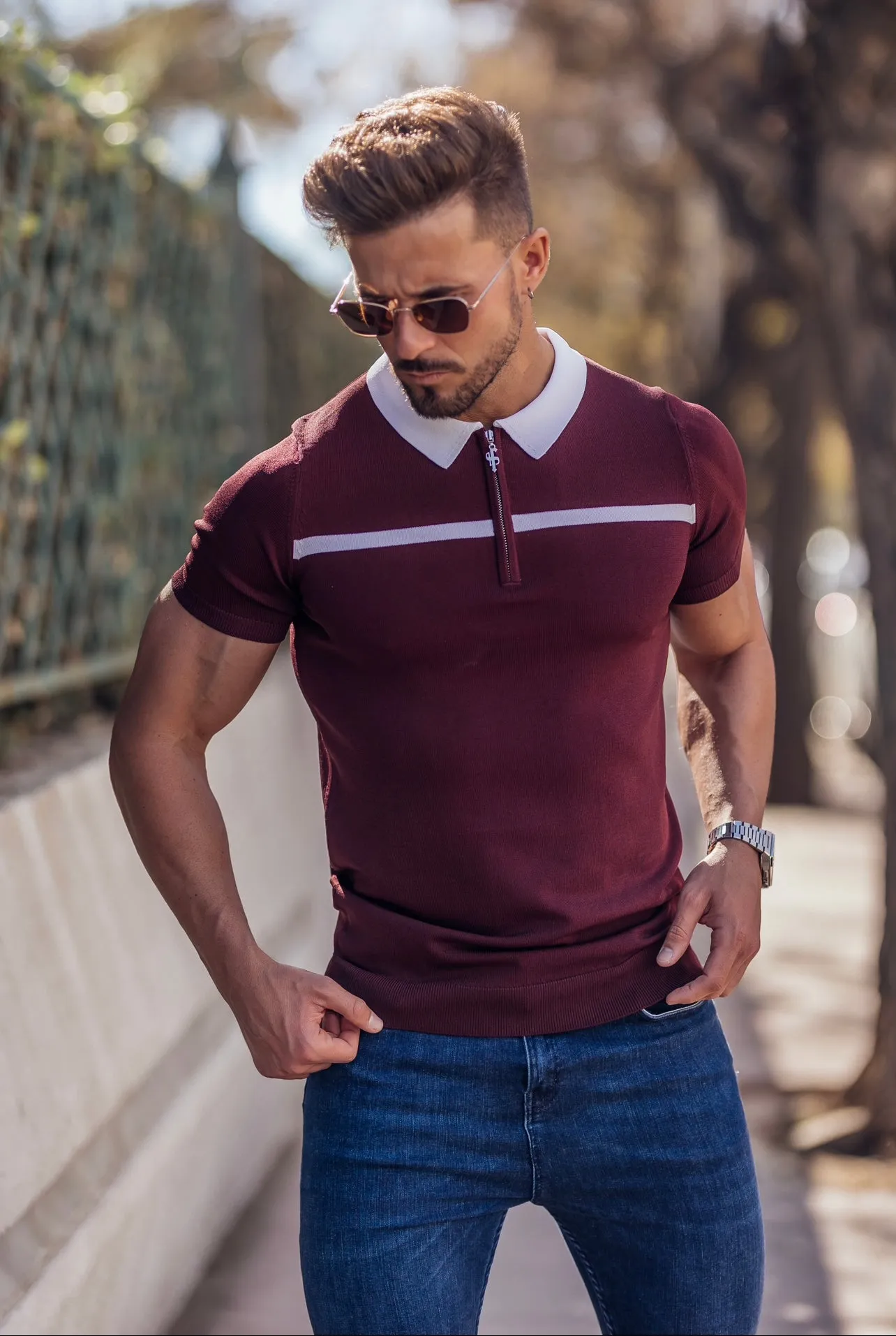 Classic Burgundy / White Horizontal Stripe Zipped Polo Short Sleeve - FSN045 sold by Father Sons product image thumbnail 3