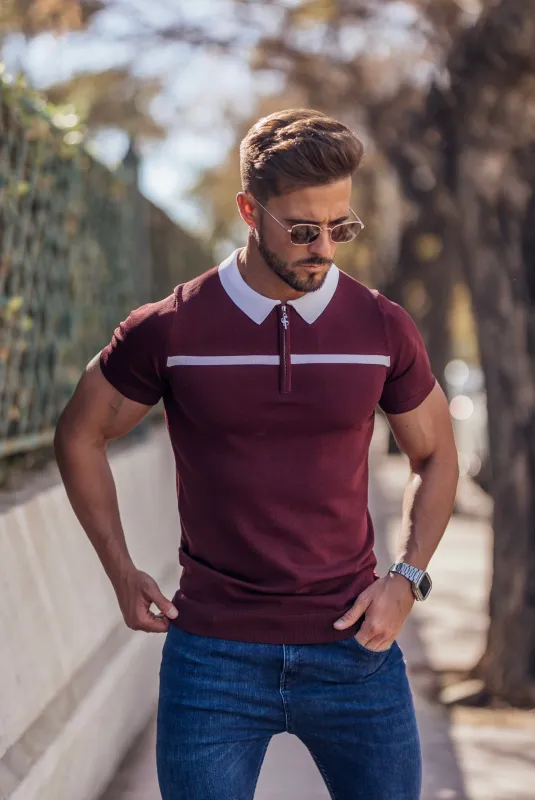 Classic Burgundy / White Horizontal Stripe Zipped Polo Short Sleeve - FSN045 sold by Father Sons