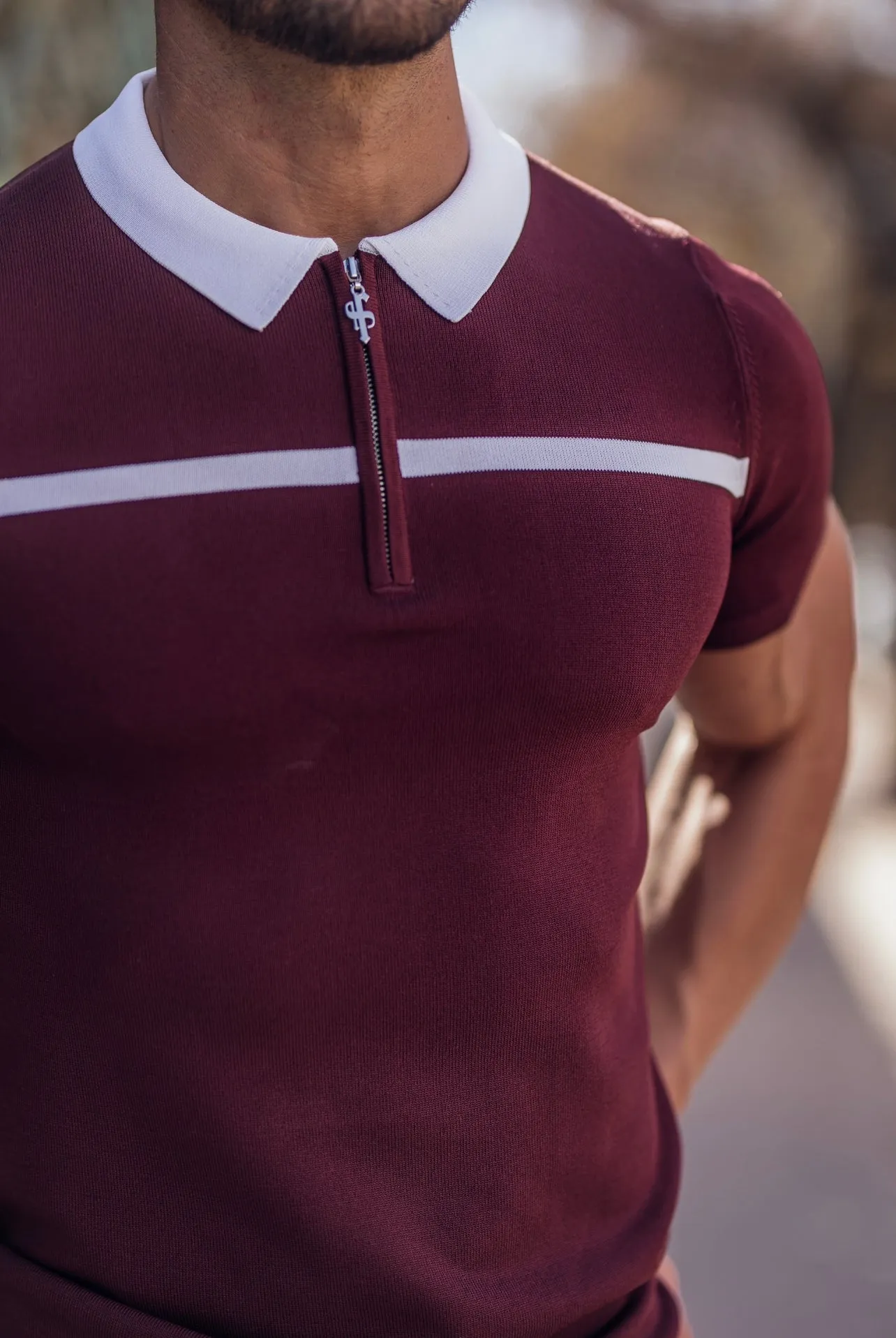 Classic Burgundy / White Horizontal Stripe Zipped Polo Short Sleeve - FSN045 sold by Father Sons product image thumbnail 2