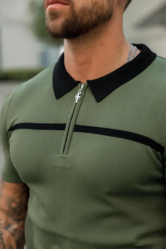 Father Sons Classic Khaki / Black Horizontal Stripe Zipped Polo Short Sleeve - FSN042 sold by Father Sons