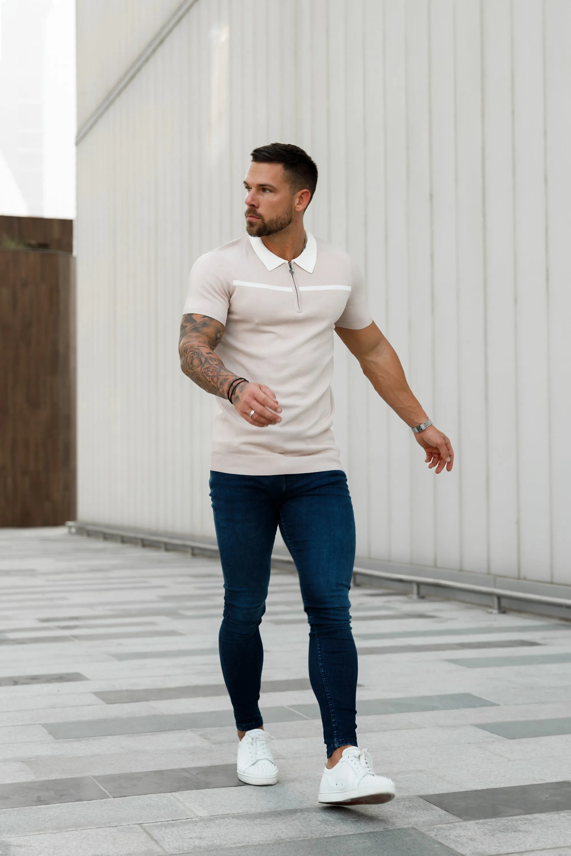 Classic Beige / White Horizontal Stripe Zipped Polo Short Sleeve - FSN041 sold by Father Sons product image thumbnail 2