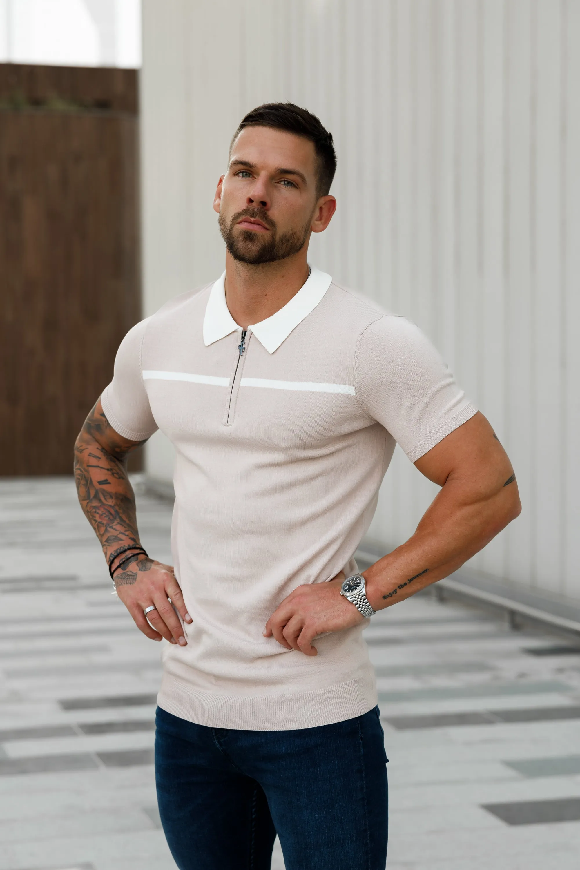 Classic Beige / White Horizontal Stripe Zipped Polo Short Sleeve - FSN041 sold by Father Sons