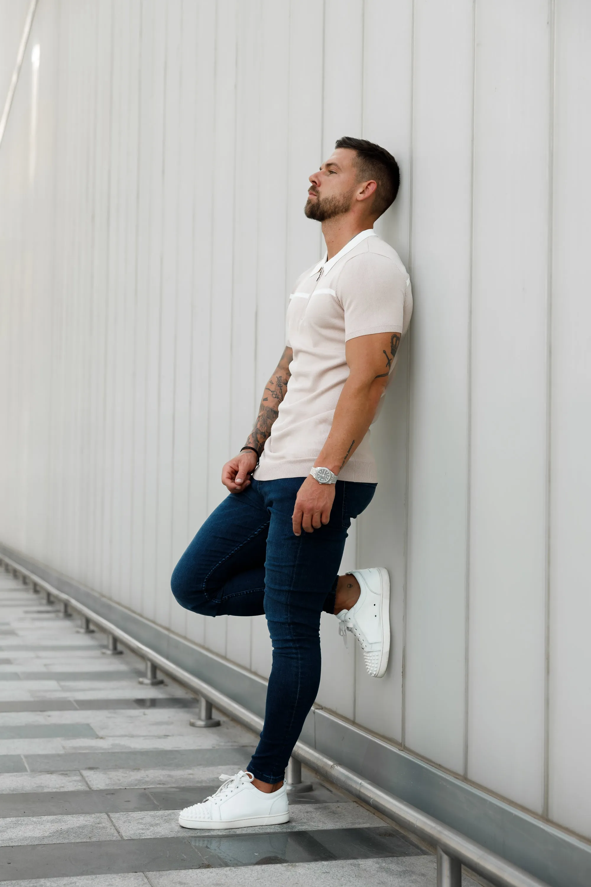 Classic Beige / White Horizontal Stripe Zipped Polo Short Sleeve - FSN041 sold by Father Sons product image thumbnail 4