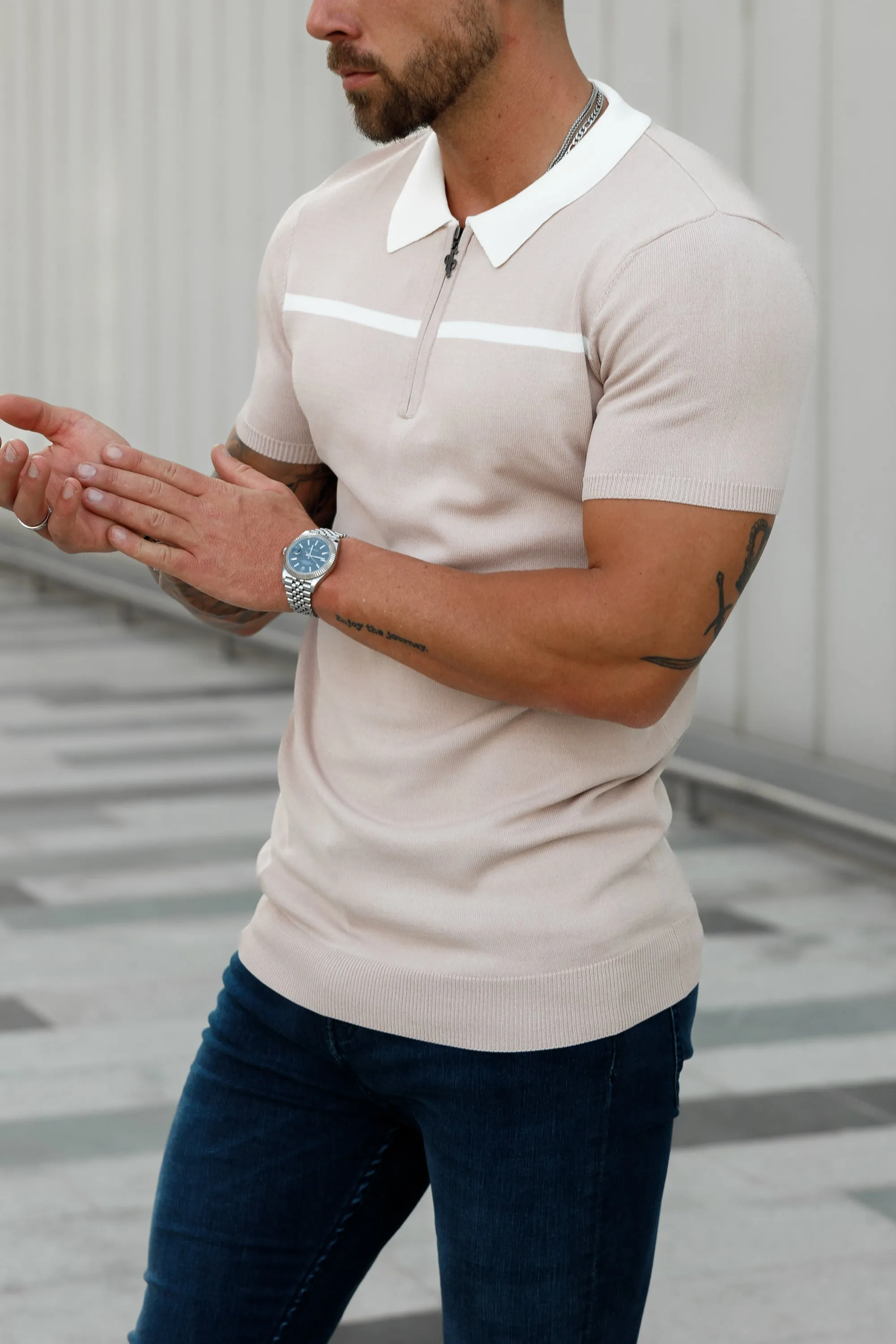 Classic Beige / White Horizontal Stripe Zipped Polo Short Sleeve - FSN041 sold by Father Sons product image thumbnail 3