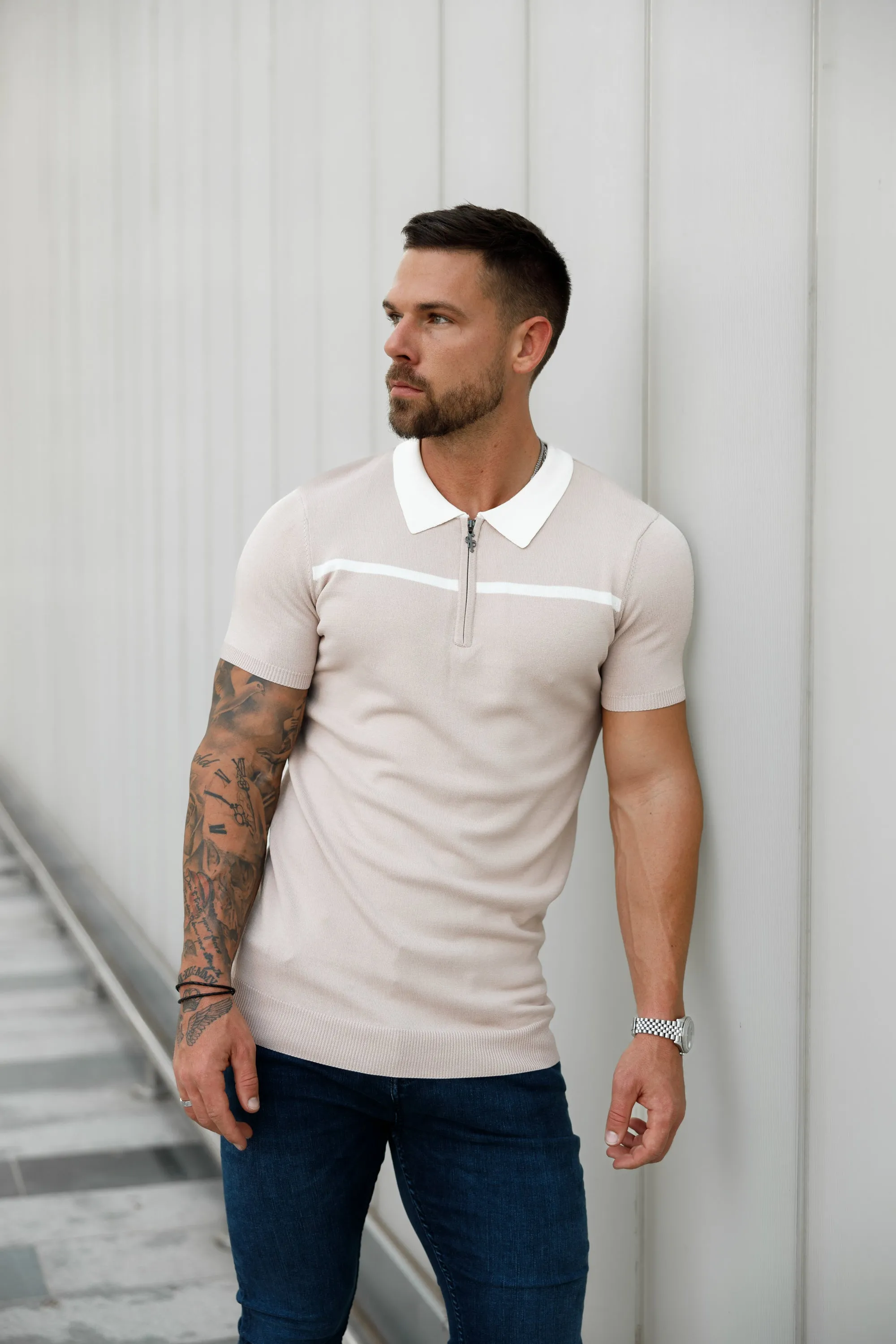 Classic Beige / White Horizontal Stripe Zipped Polo Short Sleeve - FSN041 sold by Father Sons product image thumbnail 5