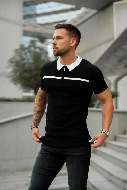 Classic Black / White Horizontal Stripe Zipped Polo Short Sleeve - FSN038 sold by Father Sons