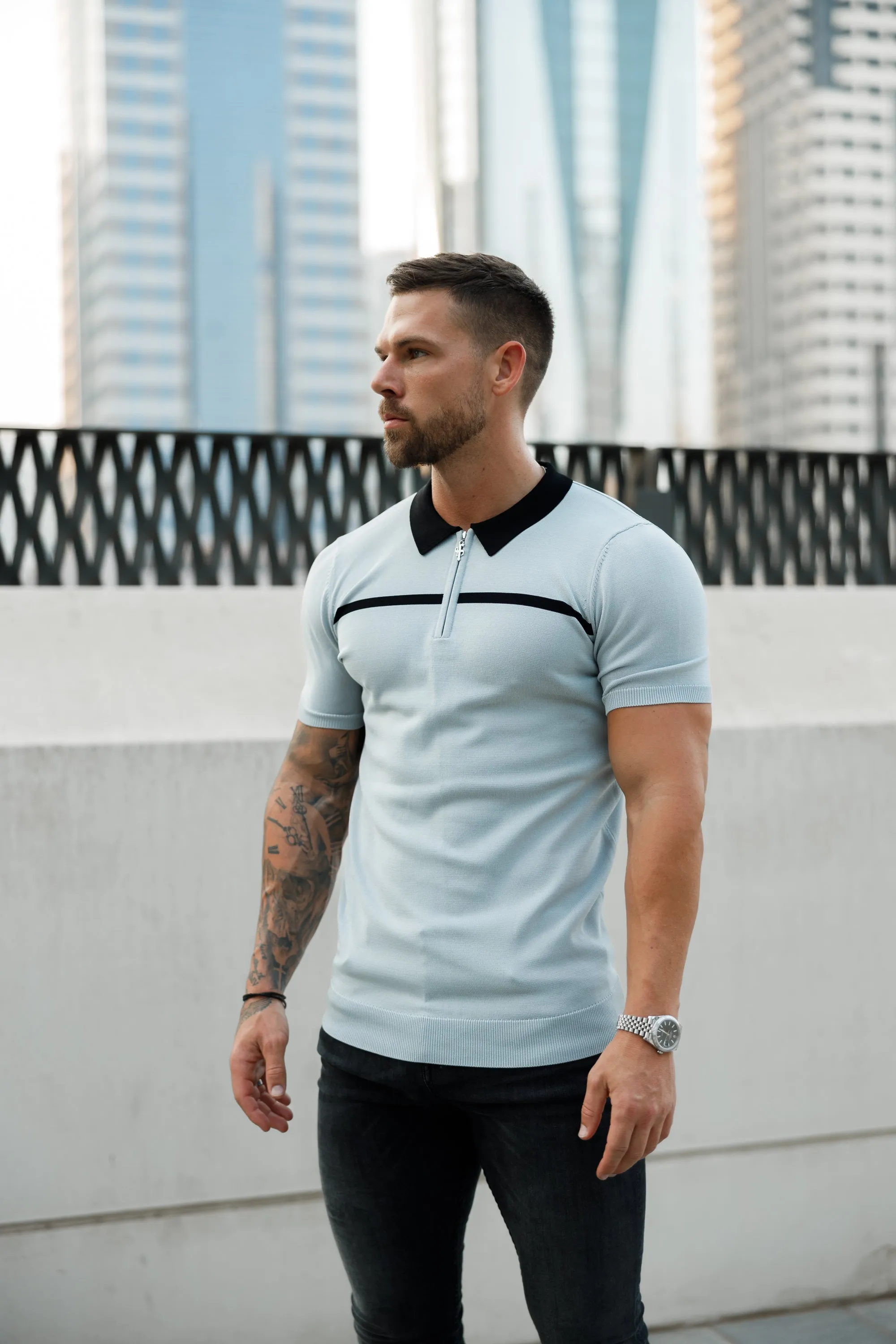 Classic Silver Grey / Black Horizontal Stripe Zipped Polo Short Sleeve - FSN040 sold by Father Sons
