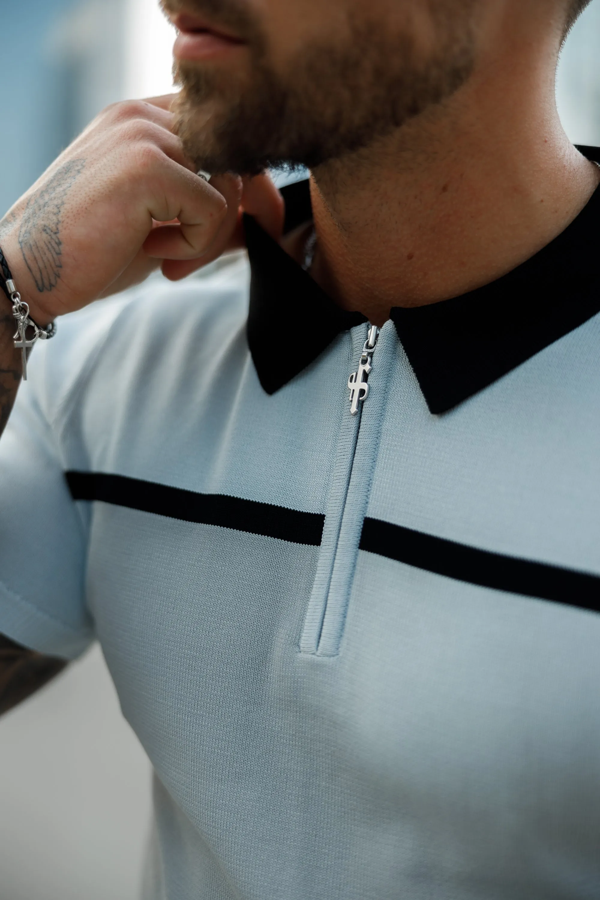 Classic Silver Grey / Black Horizontal Stripe Zipped Polo Short Sleeve - FSN040 sold by Father Sons product image thumbnail 4