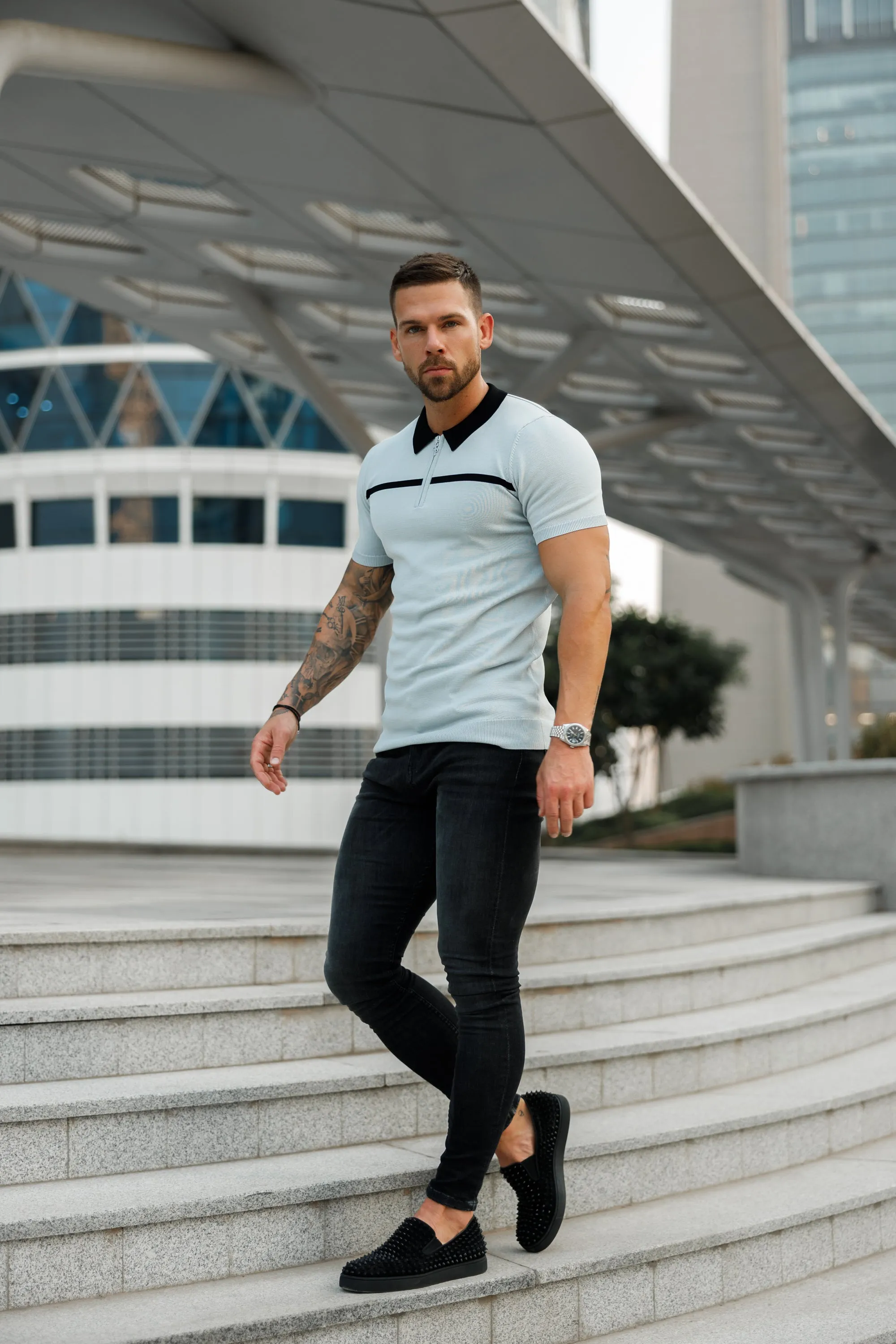 Classic Silver Grey / Black Horizontal Stripe Zipped Polo Short Sleeve - FSN040 sold by Father Sons product image thumbnail 5