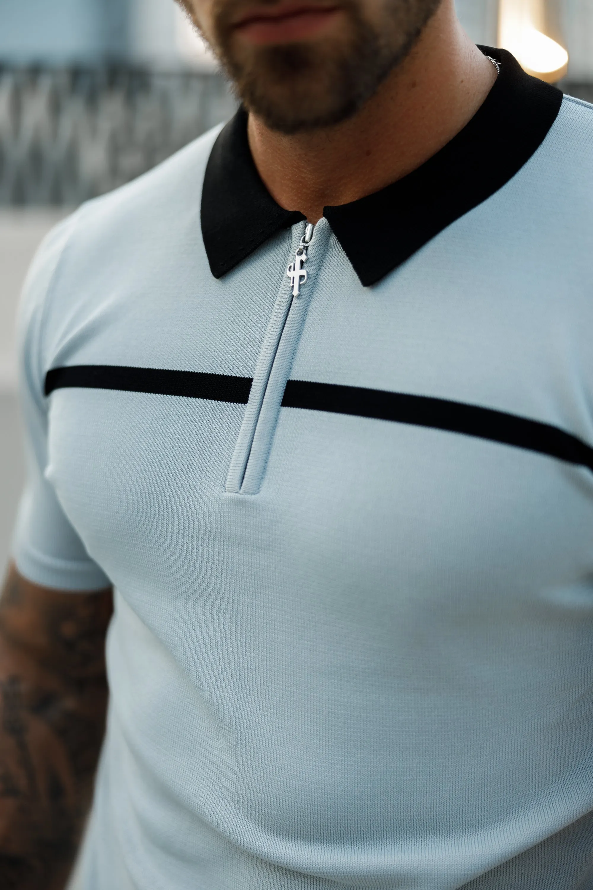 Classic Silver Grey / Black Horizontal Stripe Zipped Polo Short Sleeve - FSN040 sold by Father Sons product image thumbnail 3