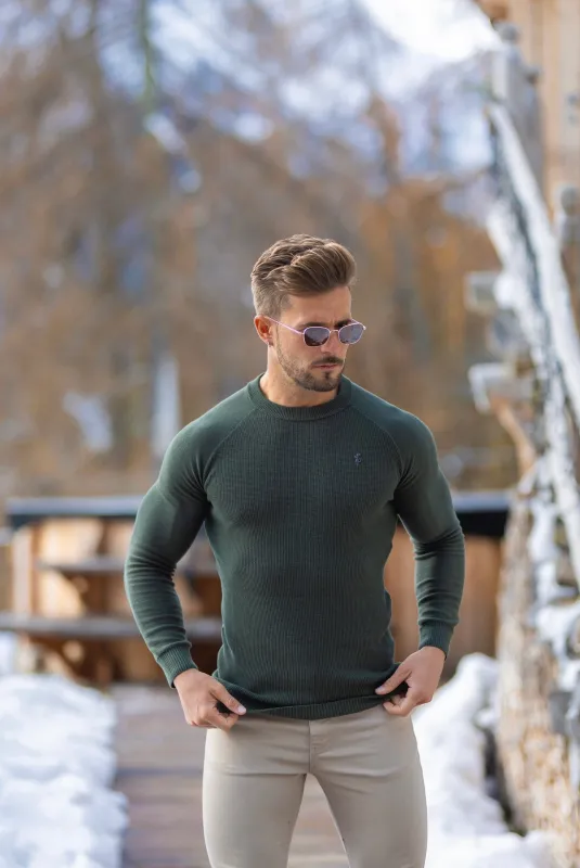 Father Sons Khaki Knitted Honeycomb Raglan Crew Super Slim Sweater With Metal Decal - FSN064 sold by Father Sons