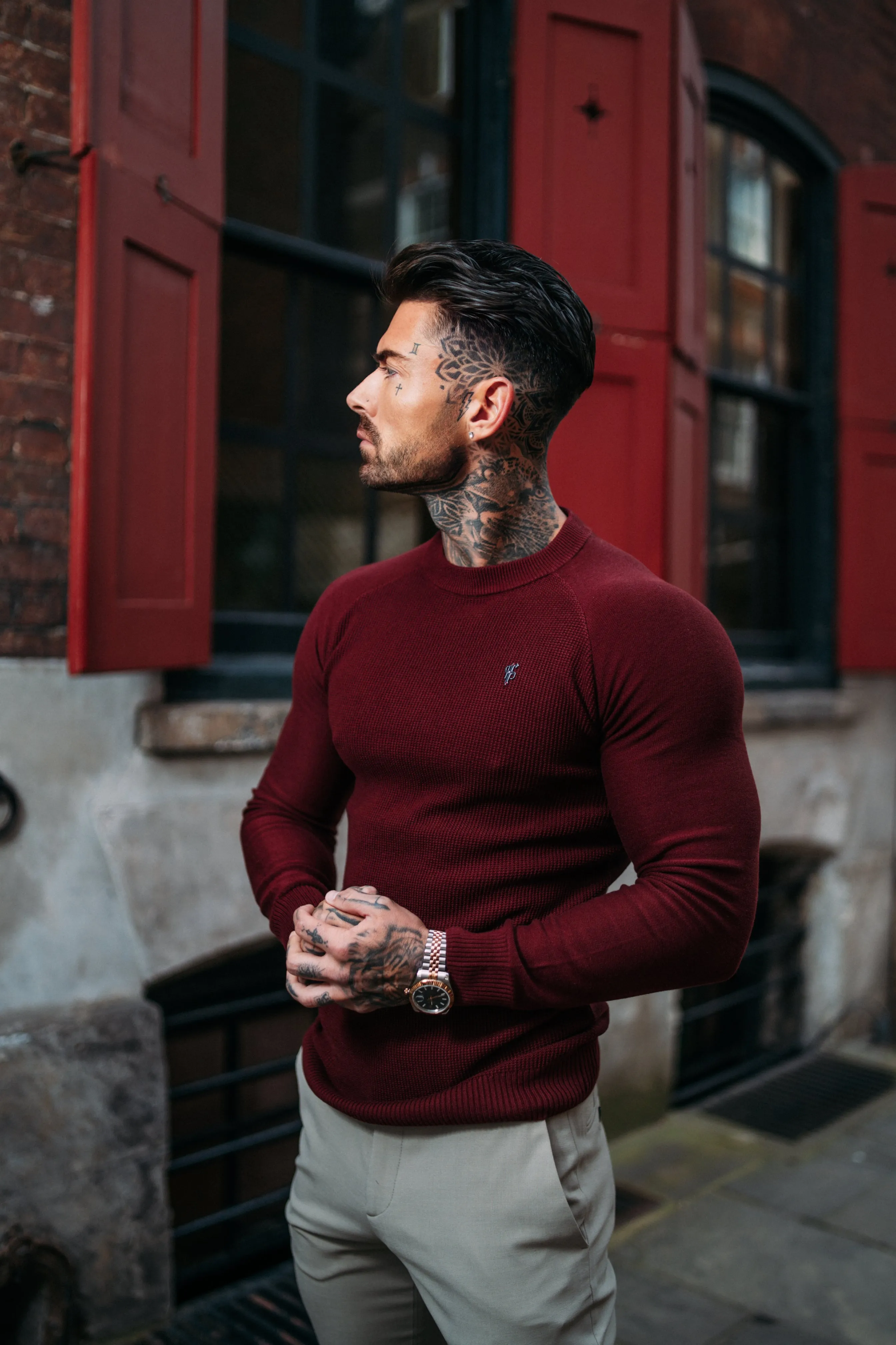 Father Sons Burgundy Knitted Honeycomb Raglan Crew Super Slim Sweater With Metal Decal - FSN065 sold by Father Sons product image thumbnail 2