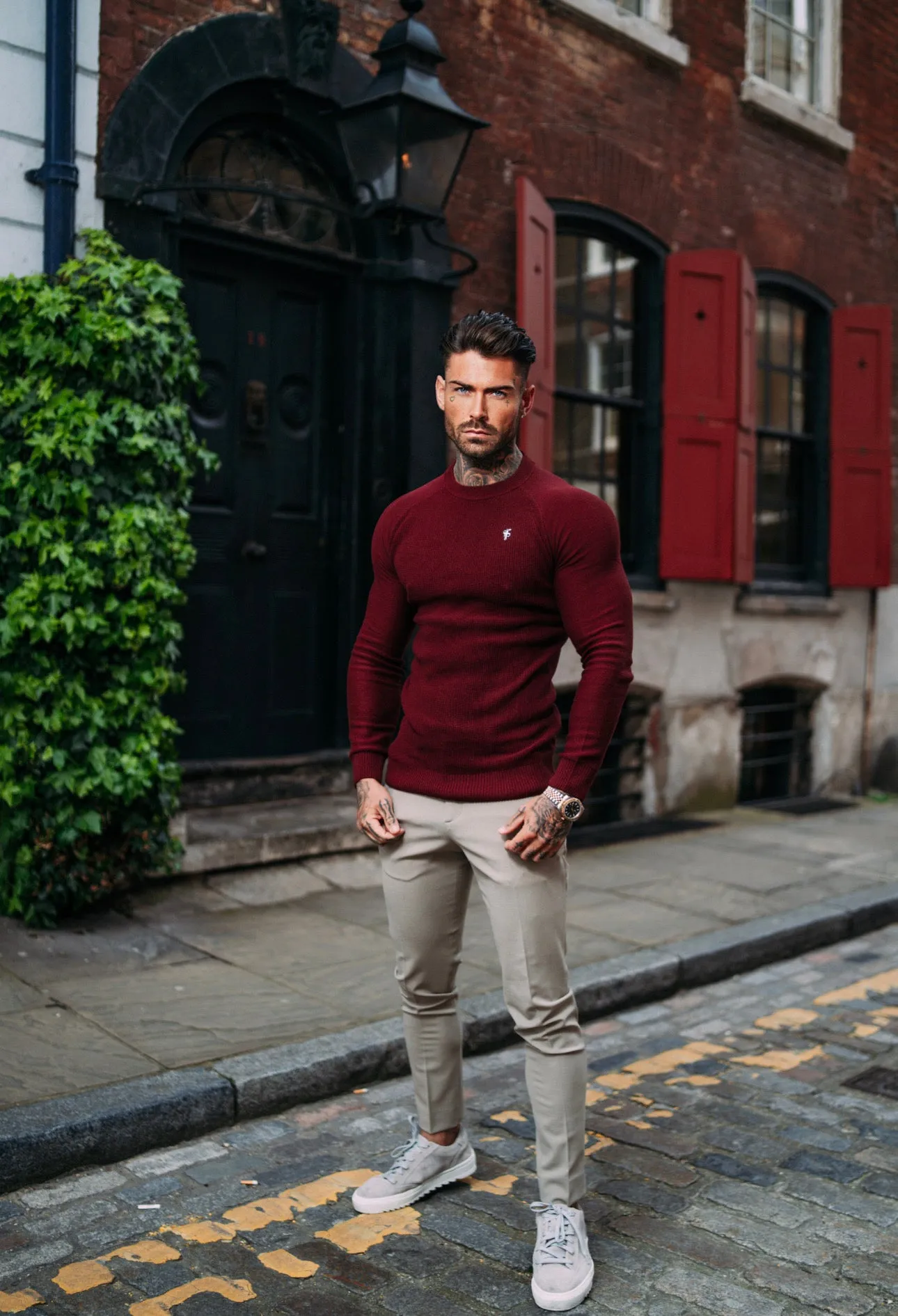 Father Sons Burgundy Knitted Honeycomb Raglan Crew Super Slim Sweater With Metal Decal - FSN065 sold by Father Sons product image thumbnail 3