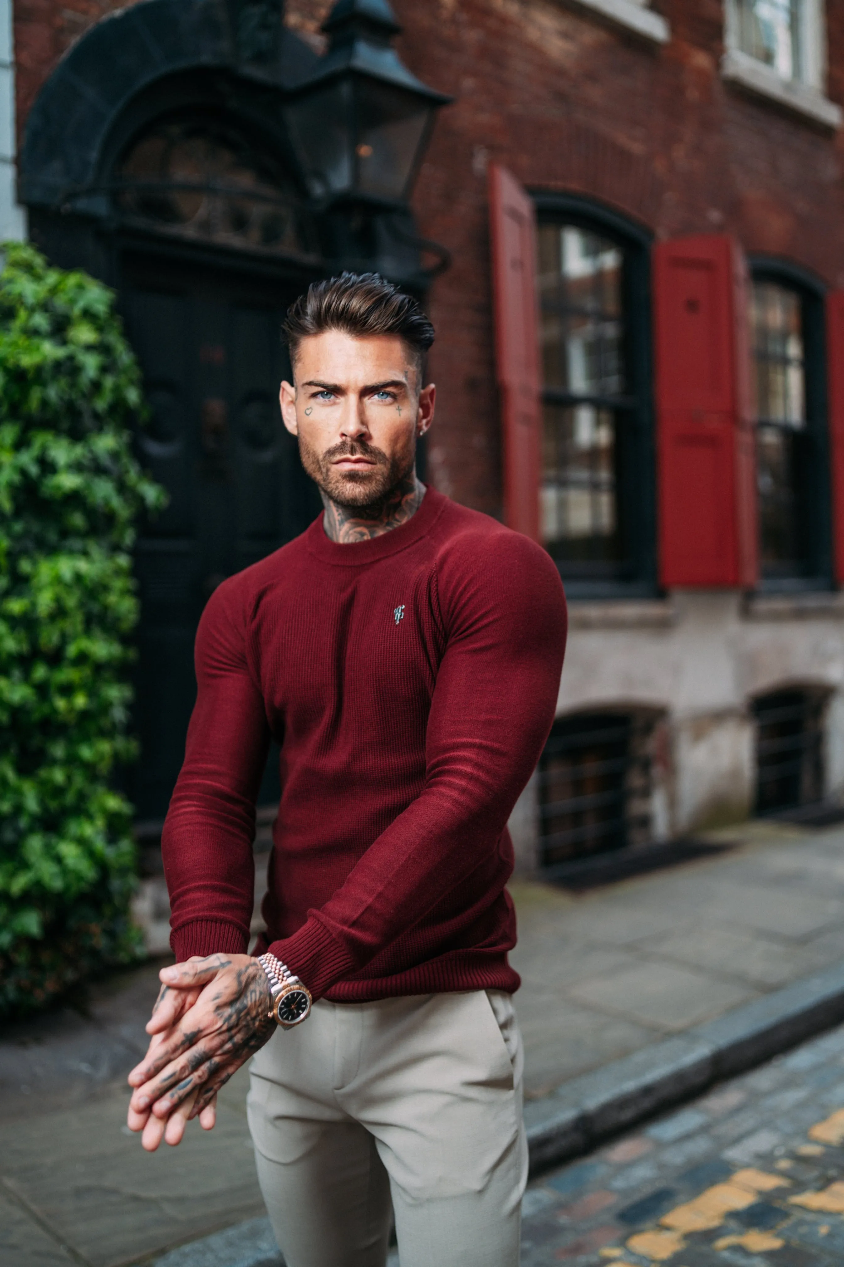 Father Sons Burgundy Knitted Honeycomb Raglan Crew Super Slim Sweater With Metal Decal - FSN065 sold by Father Sons product image thumbnail 5