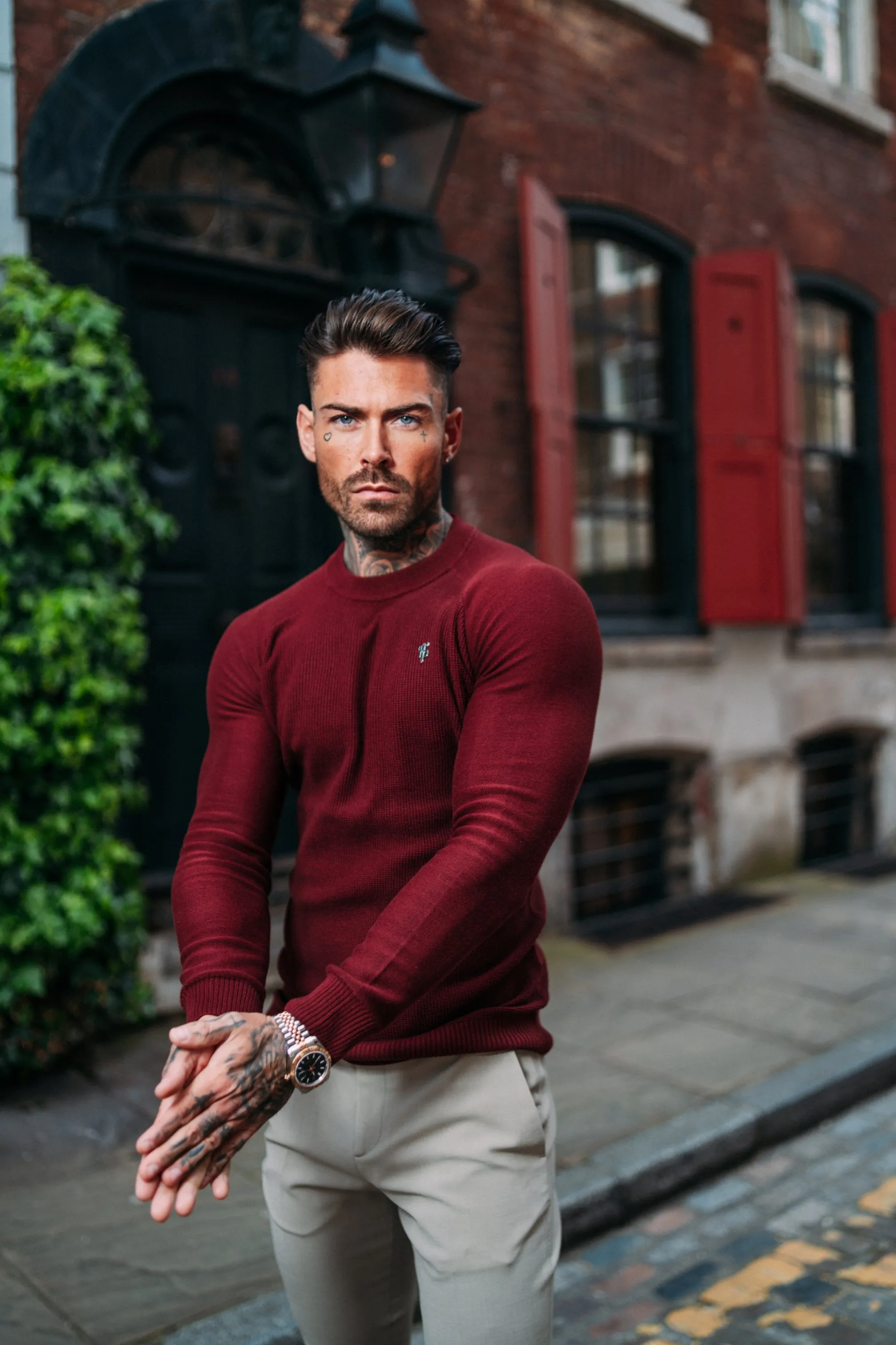 Father Sons Burgundy Knitted Honeycomb Raglan Crew Super Slim Sweater With Metal Decal - FSN065 sold by Father Sons product image thumbnail 4