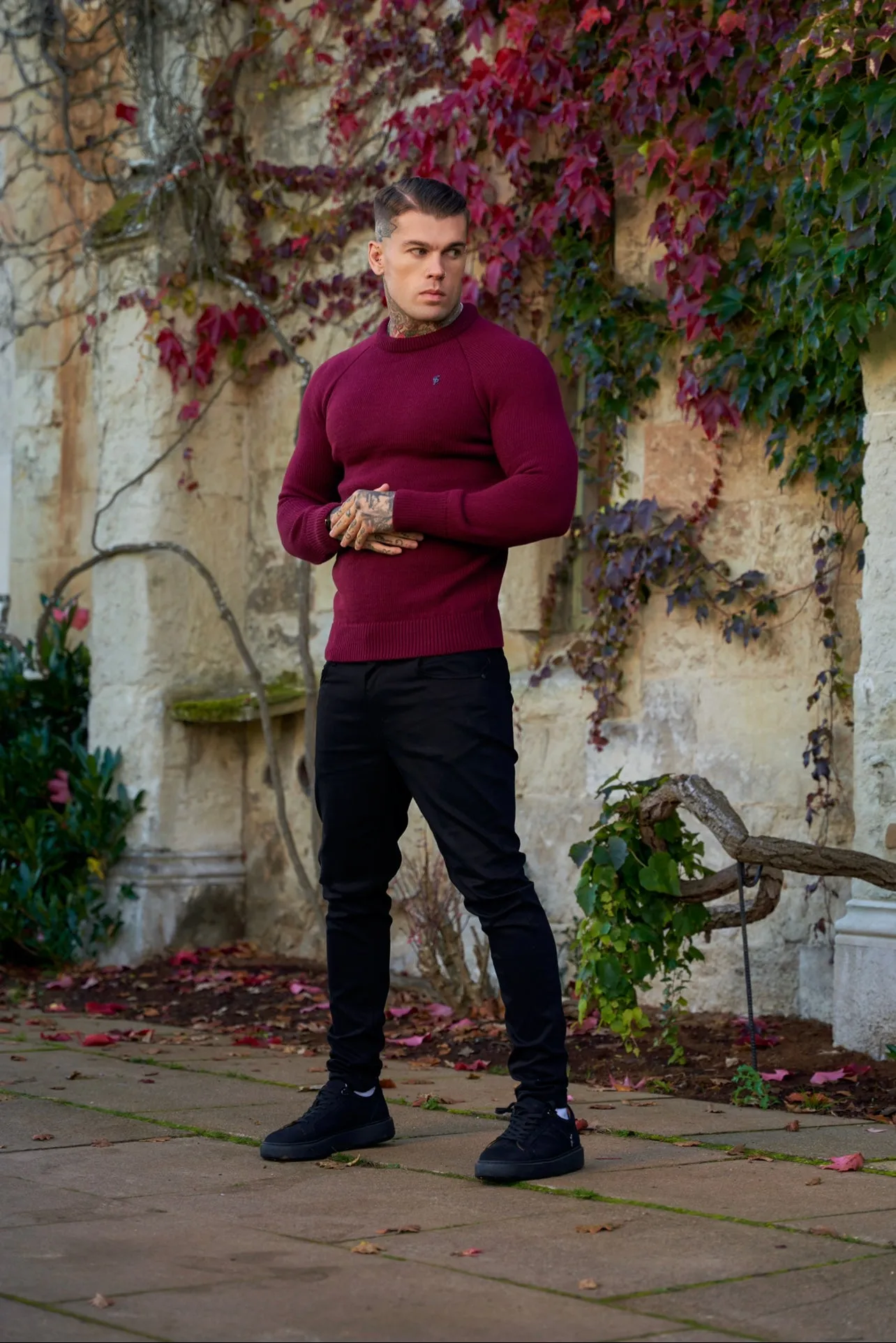 Father Sons Burgundy Knitted Raglan Crew Super Slim Sweater With Metal Decal - FSJ055 sold by Father Sons product image thumbnail 3